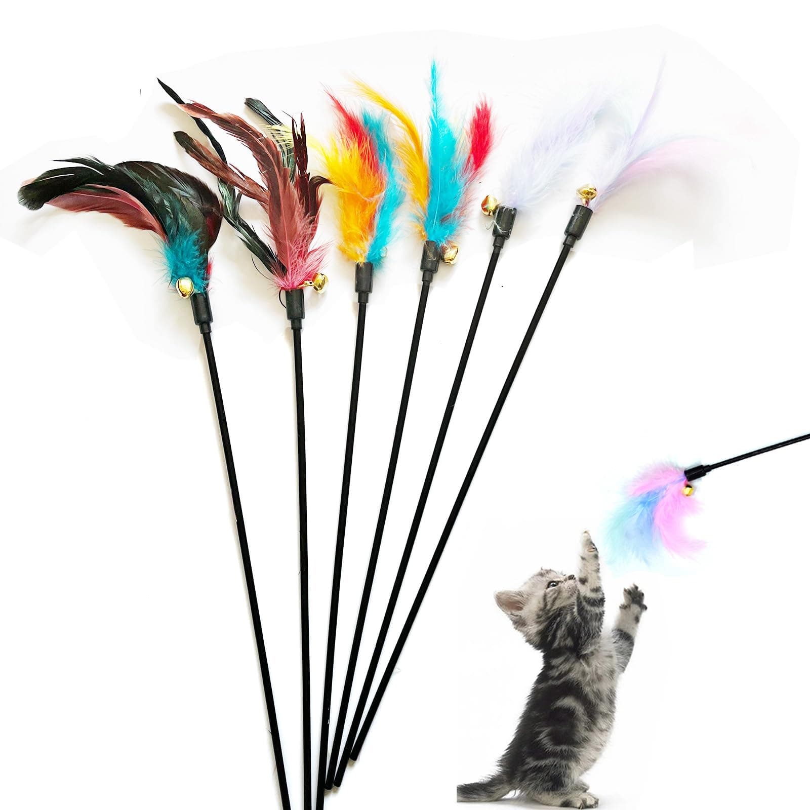 IUHKBH Cat Wands, 6 PCS Interactive Feather Toys with Bell - 18'' Long Wand for Cats and Kittens