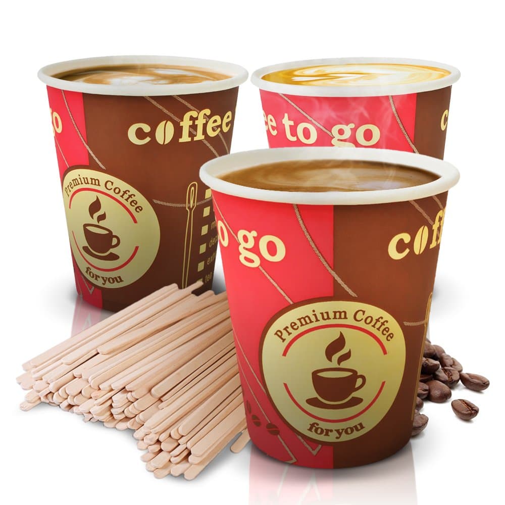 100 Disposable Tea Coffee Cups Made Of Paper & 100 Wooden Stirrers. This Set of Disposable Espresso Cups 8oz is Ideal Also For Filter Coffee Hot and Cold Drinks or Arabic Coffee. Get this Great Quality Pack Of 100 Party Festive Cups and Enjoy Your Tea Drinking at the Office or Home.