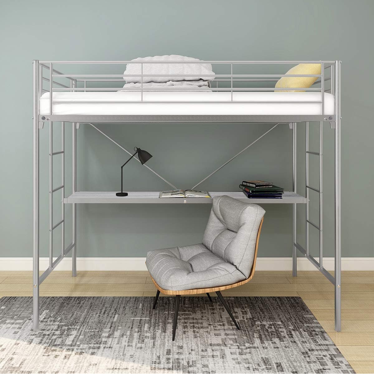HOMERECOMMEND Metal Bunk Bed with Desk Loft Bed with Ladder and Safety Rails Silver Finish Children's Room Student Dormitory for Girls Boys