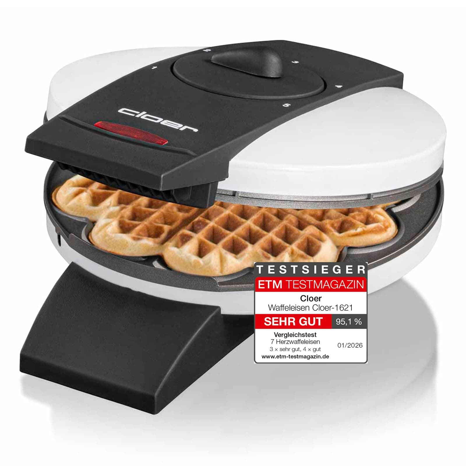 cloer 1621 Waffle Iron for Classic Heart Wafers, 930 W, Waffle Size 15.5 cm, Continuously Selectable Browning, White, Metal