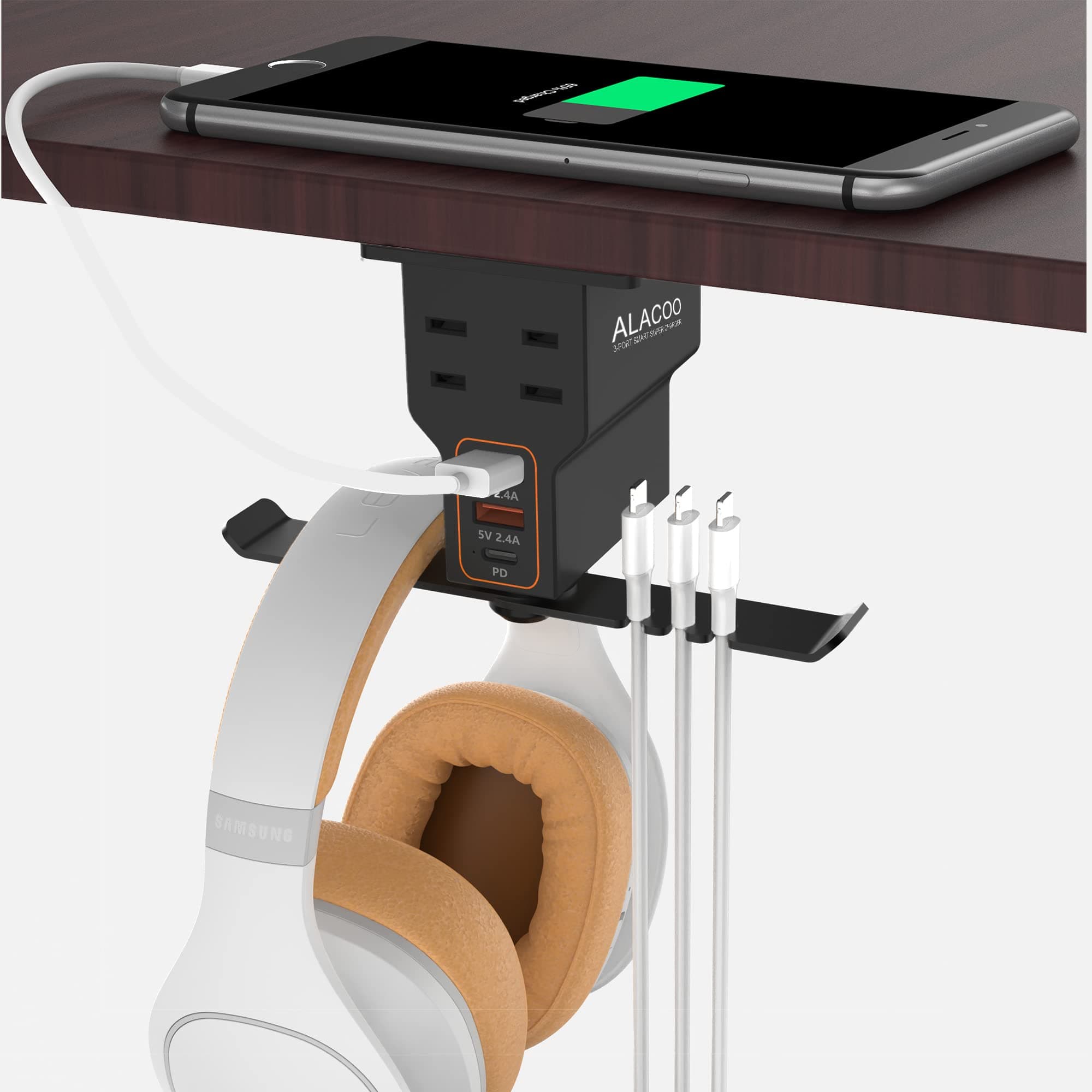 Gaming Headphone Stand with Charging Station - Aluminum Hooks Headphone Holder, Under Desk Headset Stand, 3 USB & AC Outlet, Surge Protector & Cable Organizer, Gift for Girl/Men