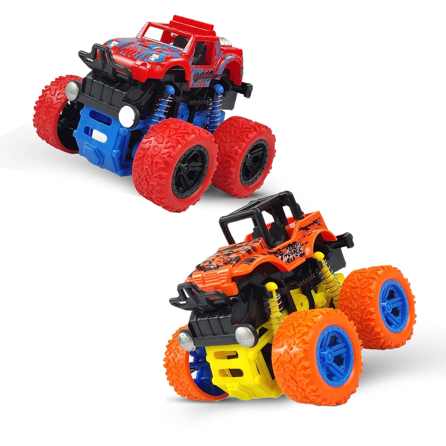4WD 360 Degree Mini Monster Trucks Friction Powered Cars for Kids Big Rubber Tires Baby Boys Super Cars Blaze Truck for Kids Gifts Toys, 2+ Years (Set of 2, Multicolor)