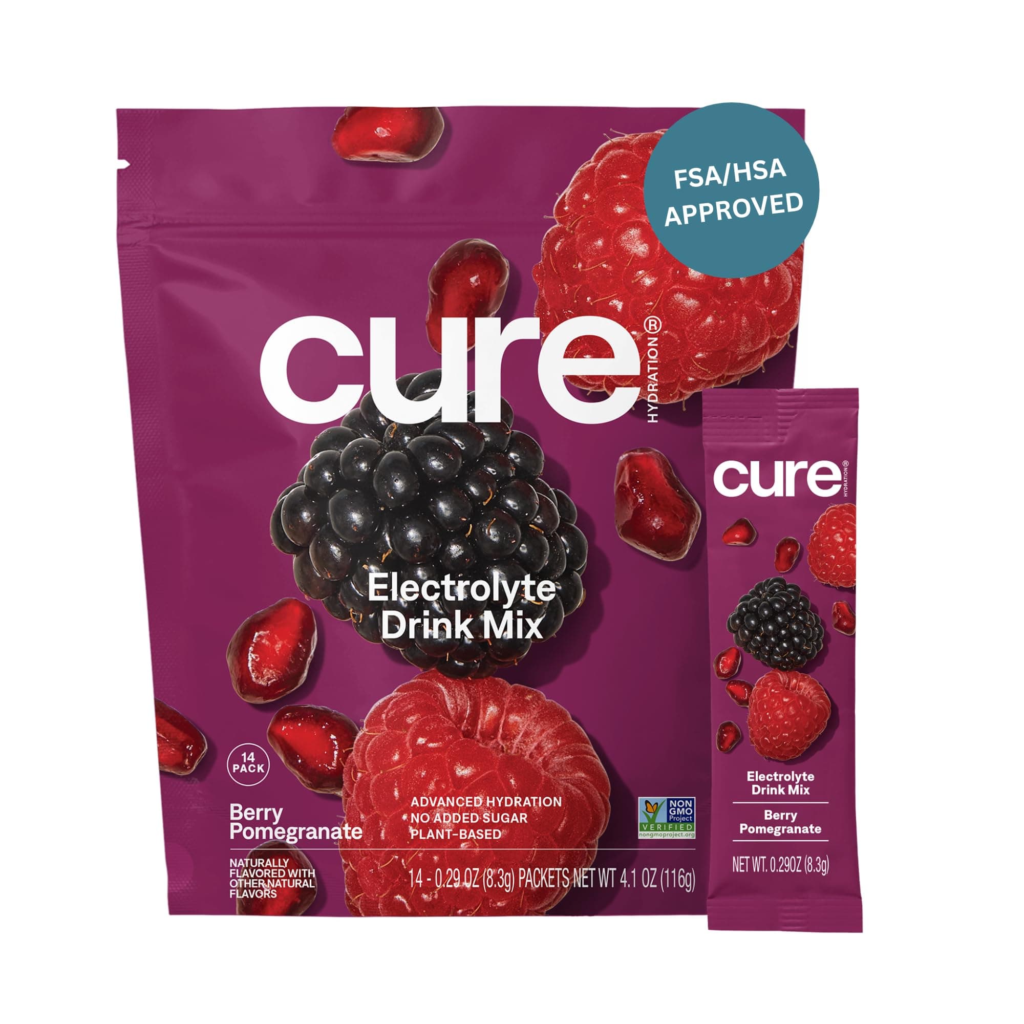CURE HYDRATION MIX | Plant-Based Electrolyte Drink | No Added Sugar | Relief Powder Made with Coconut Water | Non-GMO | Vegan | FSA & HSA | Pouch of 14 Packets - Berry Pomegranate
