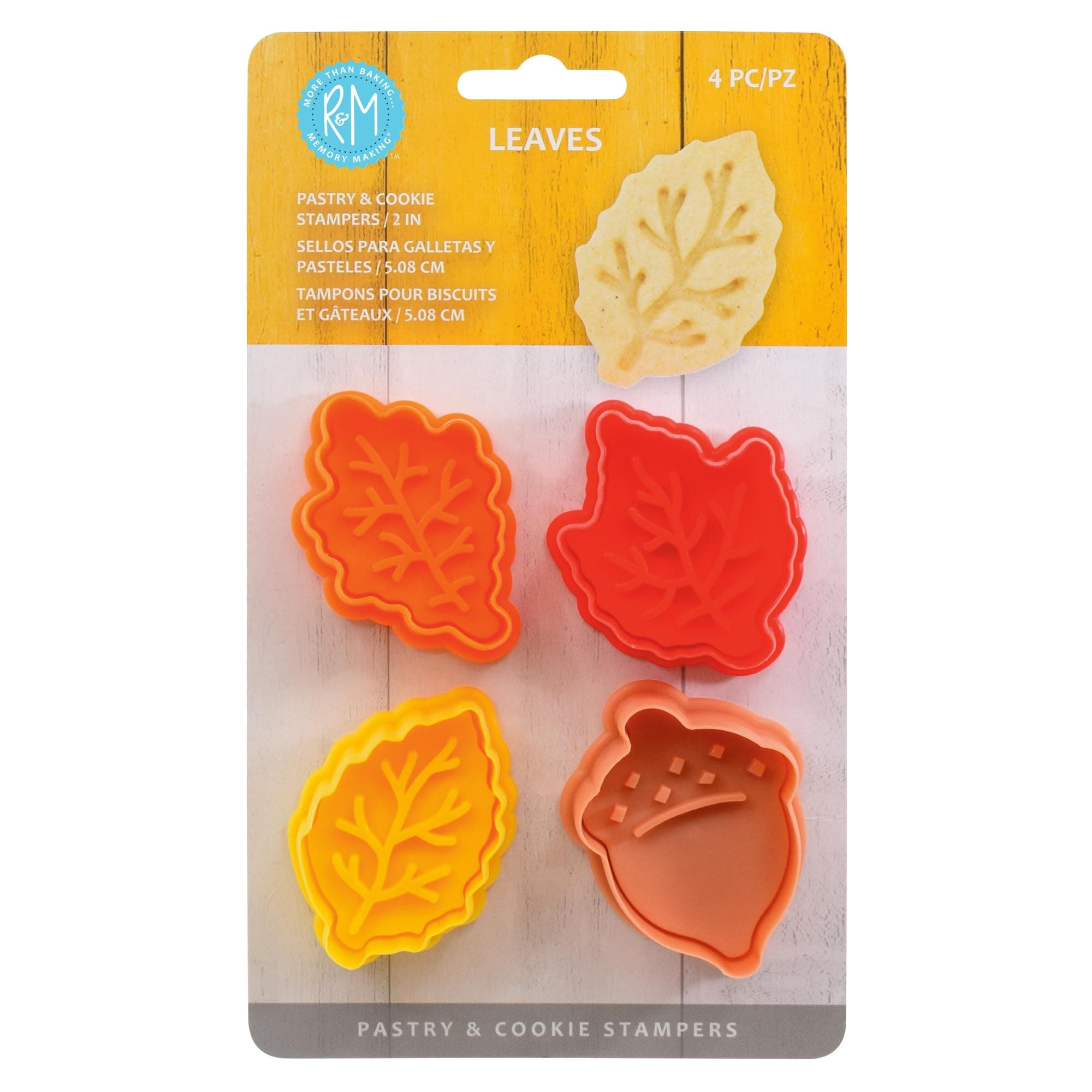 R&M Fall Leaves Collection Pastry & Cookie Cutter set of 4. Assorted Colors and Designs, Leaves, Autumn, Acorn. 2 Inches Assorted Plastic Cookie Cutters