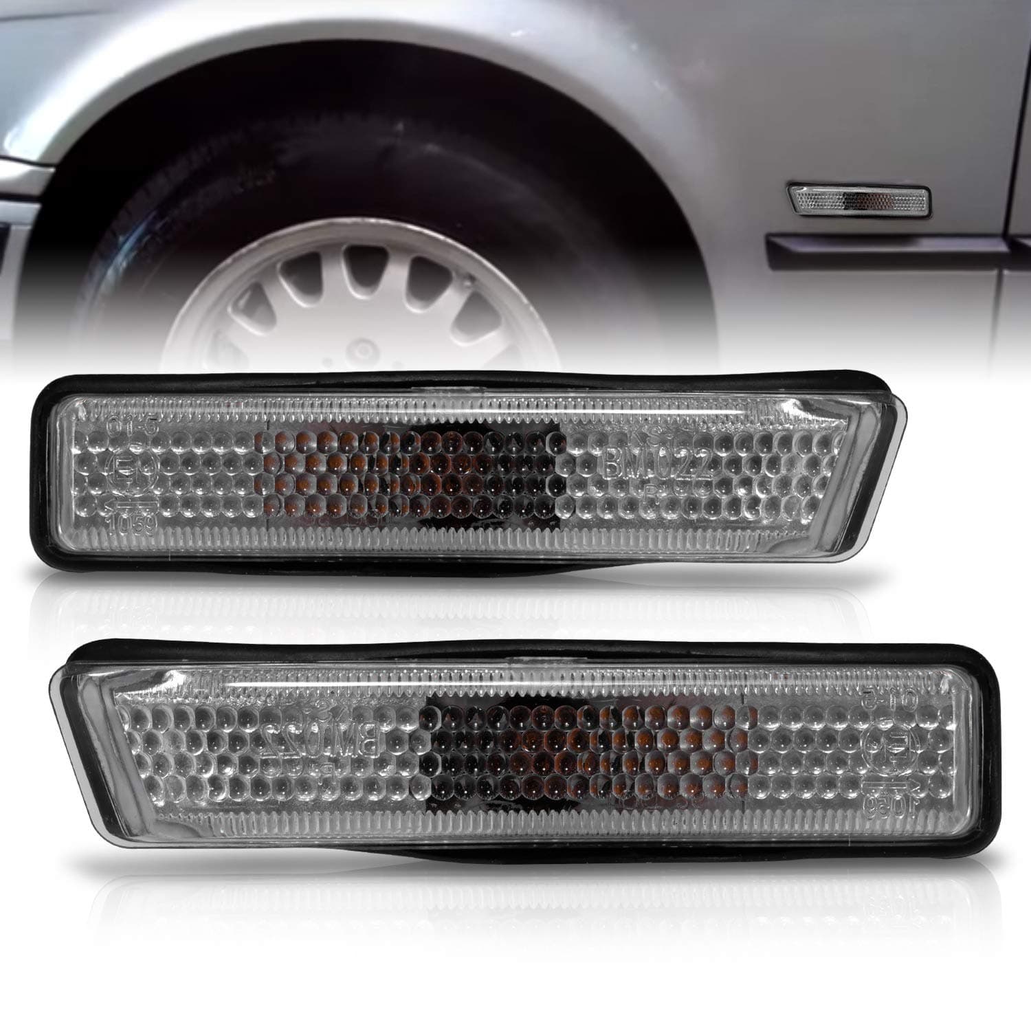 AmeriLite for 1997-1998 BMW E36 3-Series Chrome Housing Clear Chrome Side Marker Lights Pair - Driver and Passenger Side
