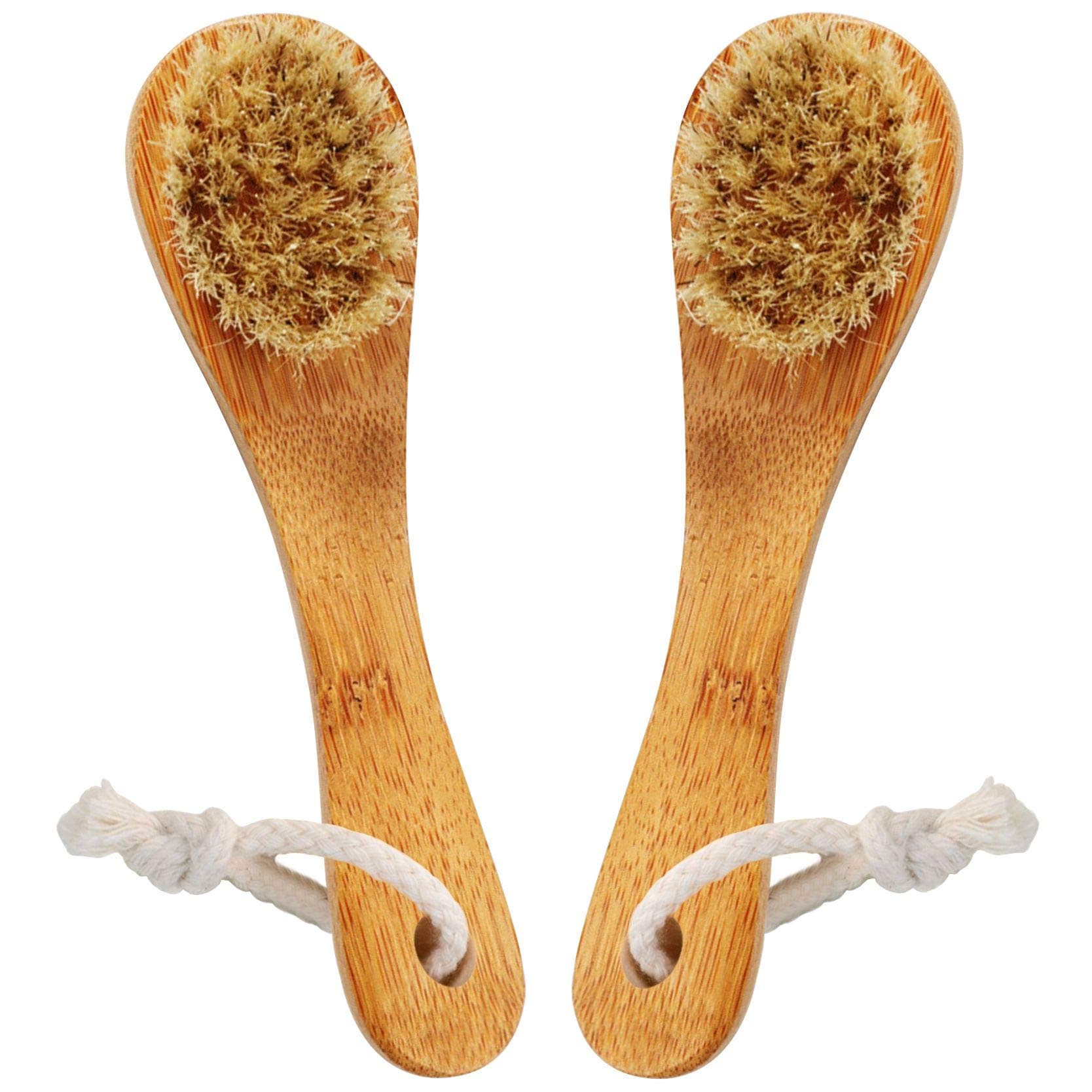 Facial Cleansing Brush - Natural Bristles Wooden Handle - Exfoliating -for Dry Skin Brushing - 2 Pack