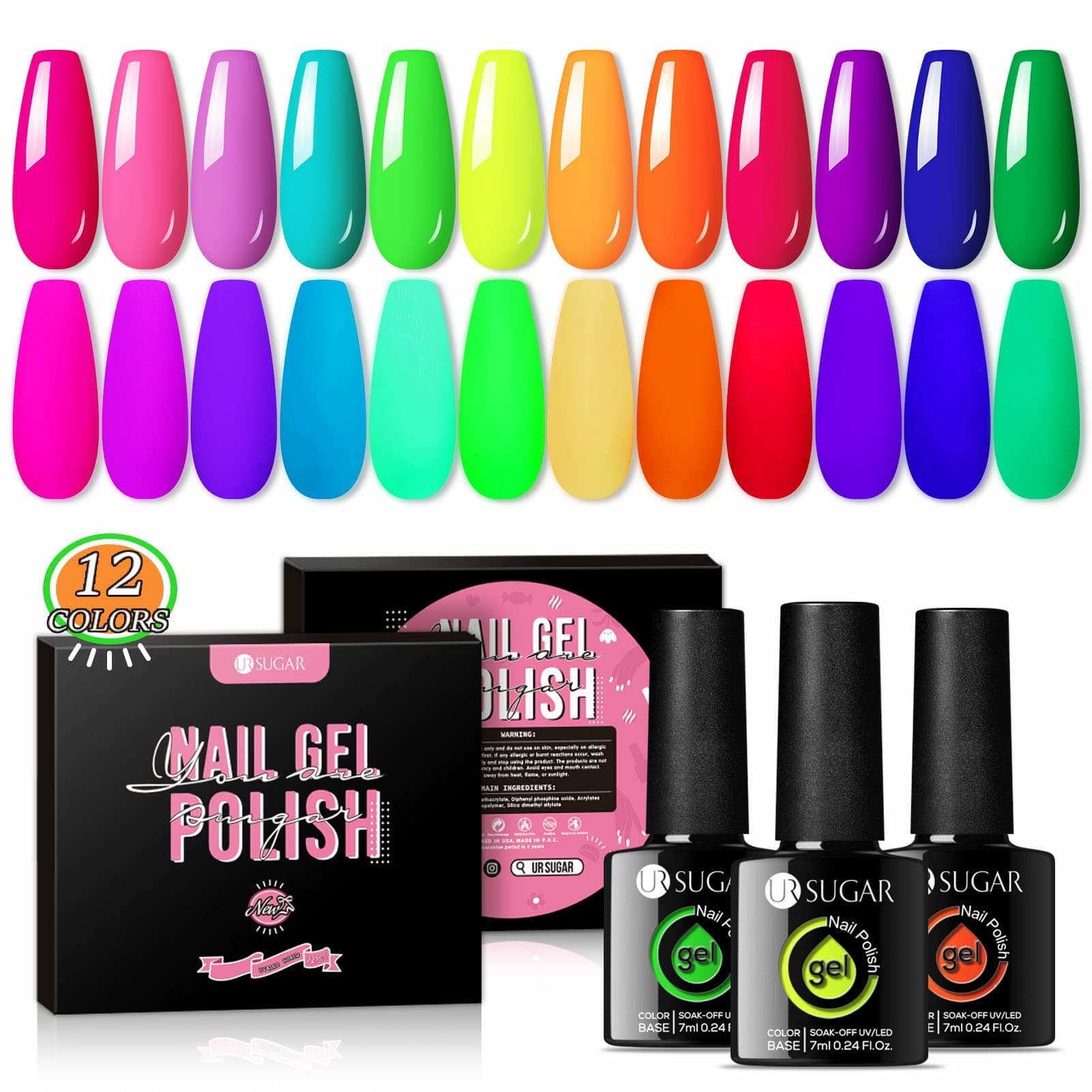 UR SUGAR Neon Gel Nail Polish Set, 12 Colors Hot Pink Orange Yellow Green Blue Red Purple Neon Pastel Color Spring Summer Nail Polish Kit Fluorescent Gel Polish Set for Home DIY Manicure Nail Salon