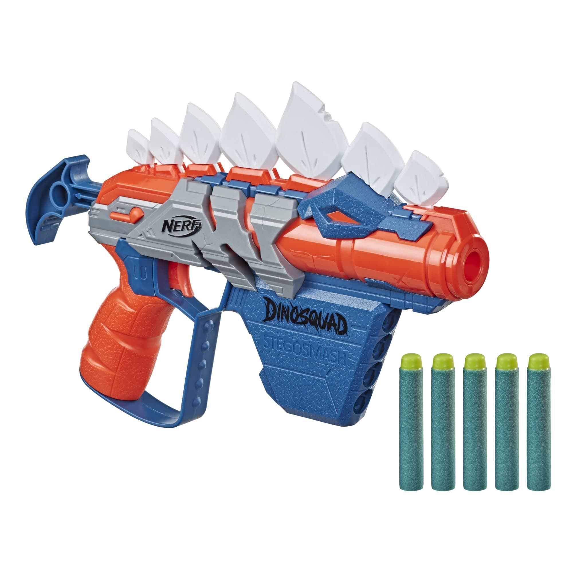 DinoSquad Stego-Smash Dart Blaster, 5 Nerf Elite Darts, Christmas Stocking Stuffers, Kids Outdoor Dinosaur Toys for 8 Year Old Boys and Girls and Up, Stegosaurus Dinosaur Design