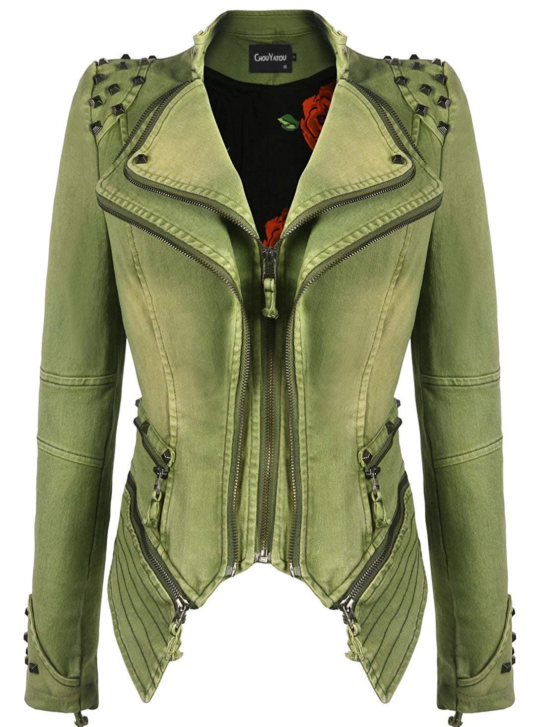 chouyatou Women's Fashion Studded Perfectly Shaping Faux Leather Biker Jacket (X-Small, Denim-Green)