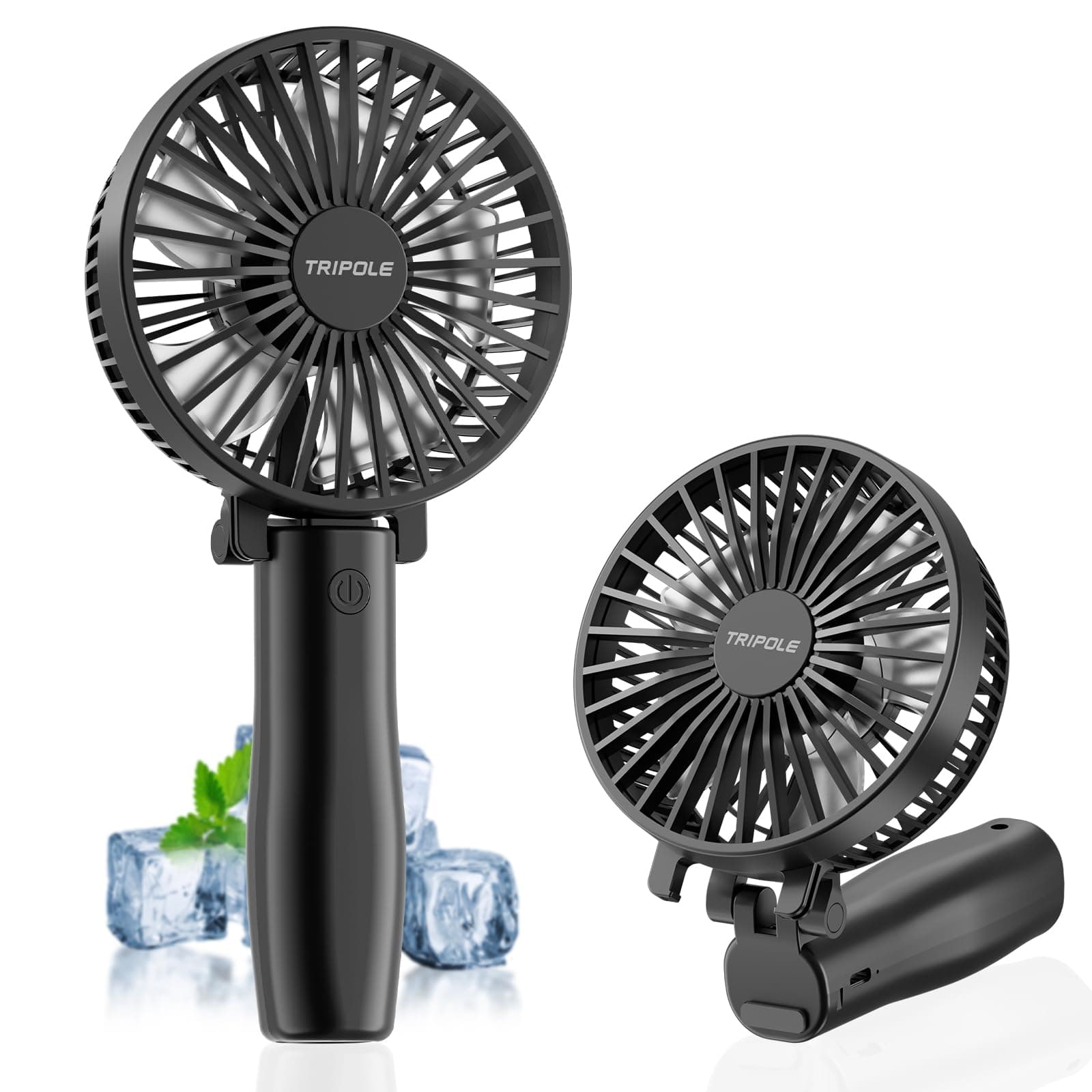TriPole Handheld Fan Rechargeable, Foldable Battery USB Fan, Personal Pocket Fans, 3-Speed Mini Handheld Desk Fans, 180°Adjustable Portable Fan for Indoor, Camp, Sport, Shop-Black