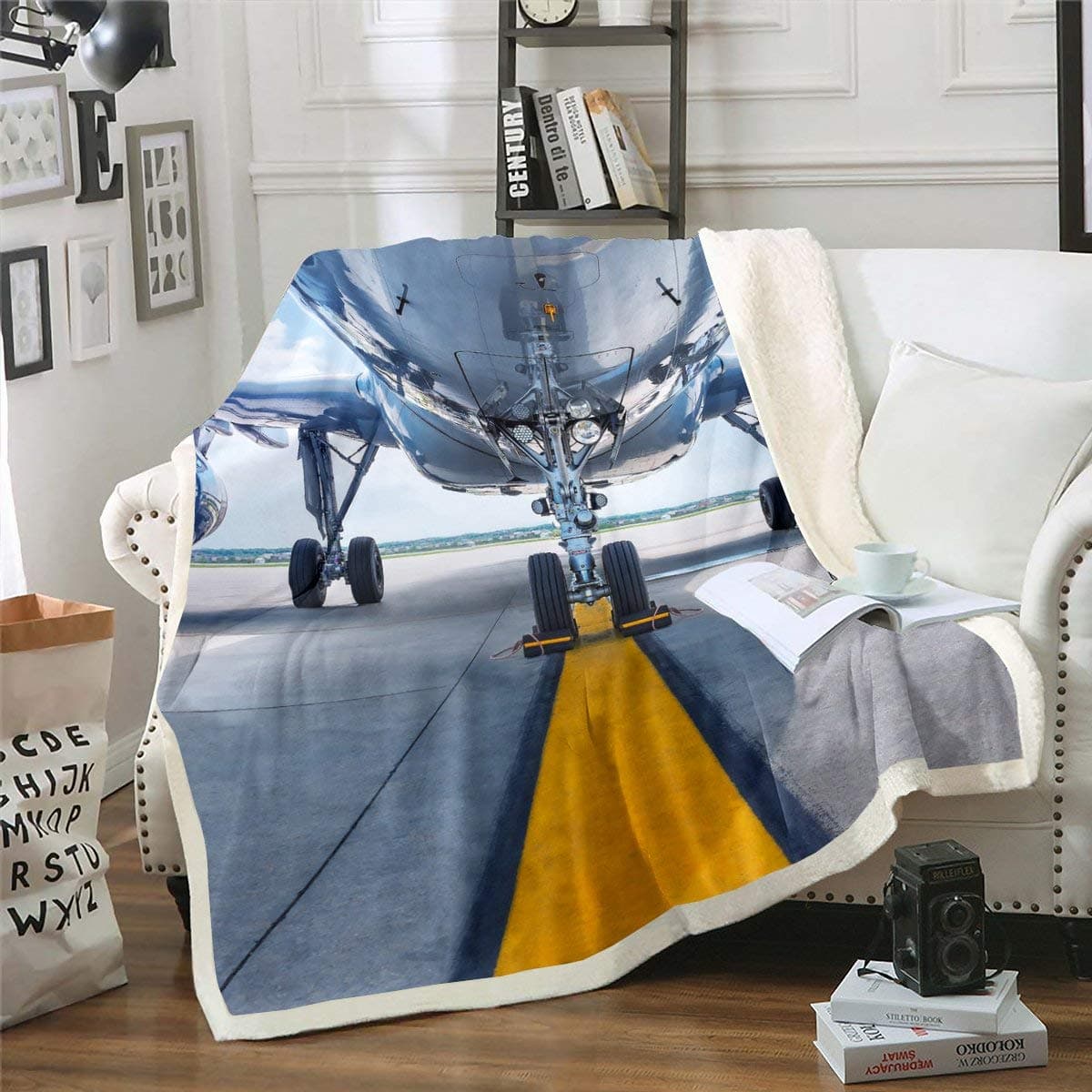 Erosebridal Airplane Fleece Blanket, Aviation Aircraft Runway Tire Wheel Summer Blue Sky Scene Blanket Throw, Decorative Sofa Sherpa Blanket Breathable Durable, Throw 50"x60", Yellow