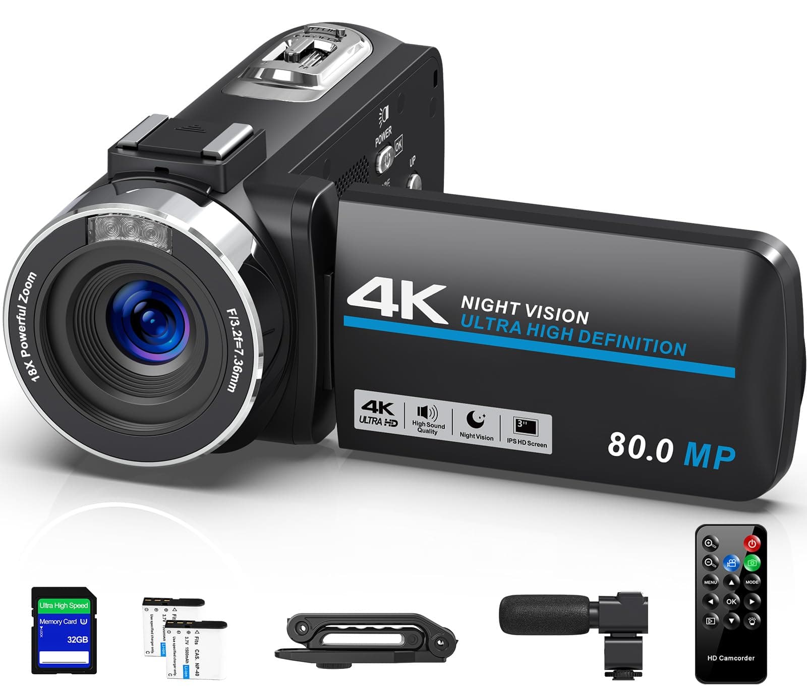 4K Camcorder Video Camera Ultra HD 80MP Vlogging Camera for YouTube 18X Digital Zoom Recorder