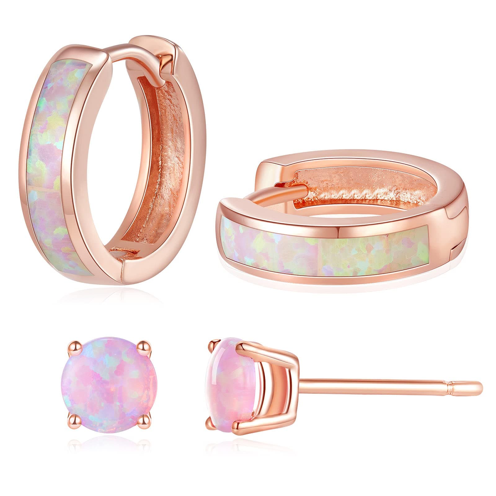 LANE WOODS Opal Stud Hoop Earrings Set: Hypoallergenic Small Hoops Earrings for Women Girls Sensitive Ears, Rose Gold, Created Opal