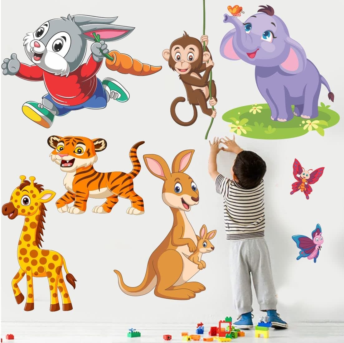 Vinyl Cartoon Animated Lion Elephant and 3D Butterflies Wall Sticker Beautiful Created Designs Kids Room Sticker Wall,Poster 3D Background Removable Sticker Gallery Poster,59 cm