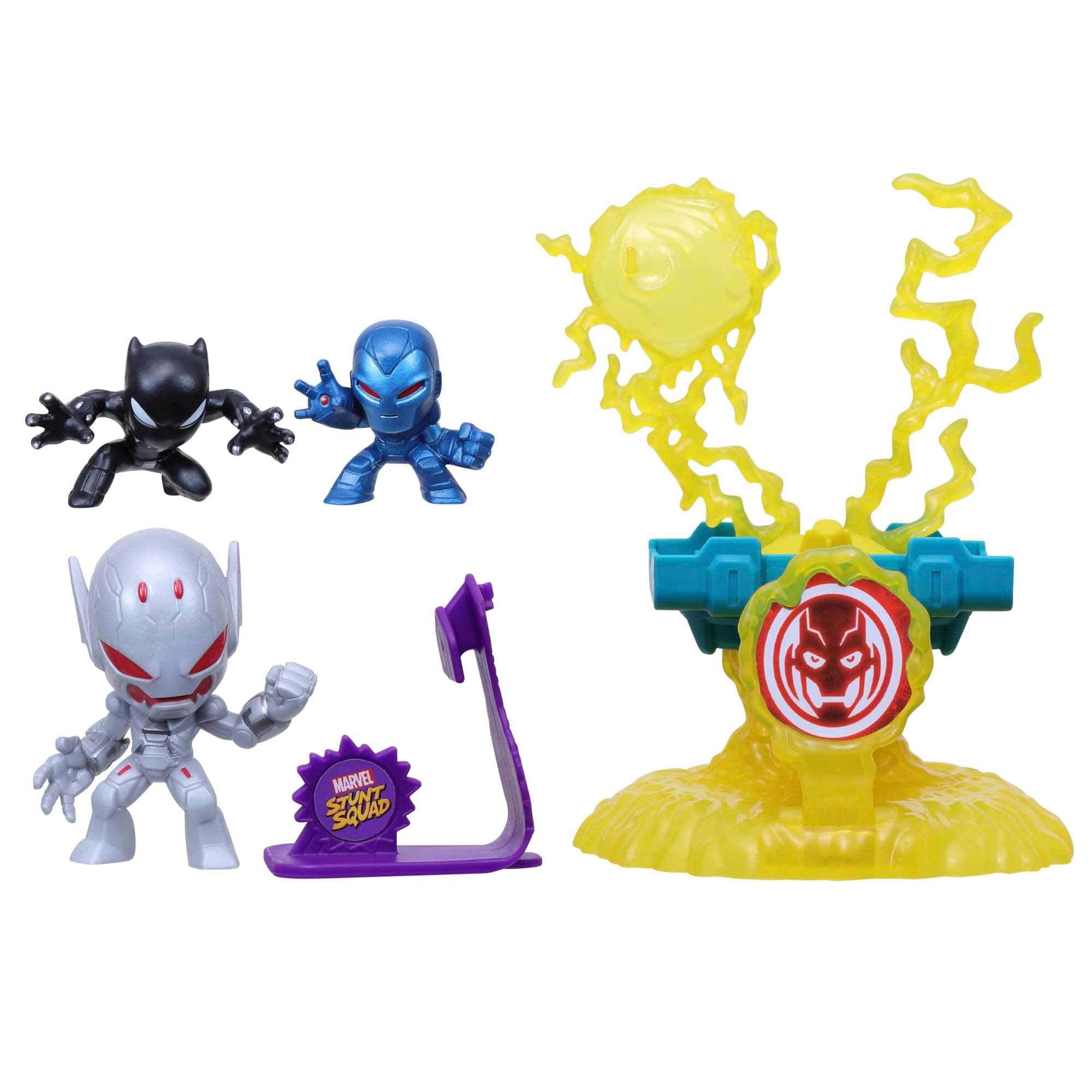 Marvel Stunt Squad Villain Knockdown Playset, Black Panther and Iron Man vs. Ultron, 1.5-Inch Action Figures, Toys for Kids Ages 4 and Up, Large