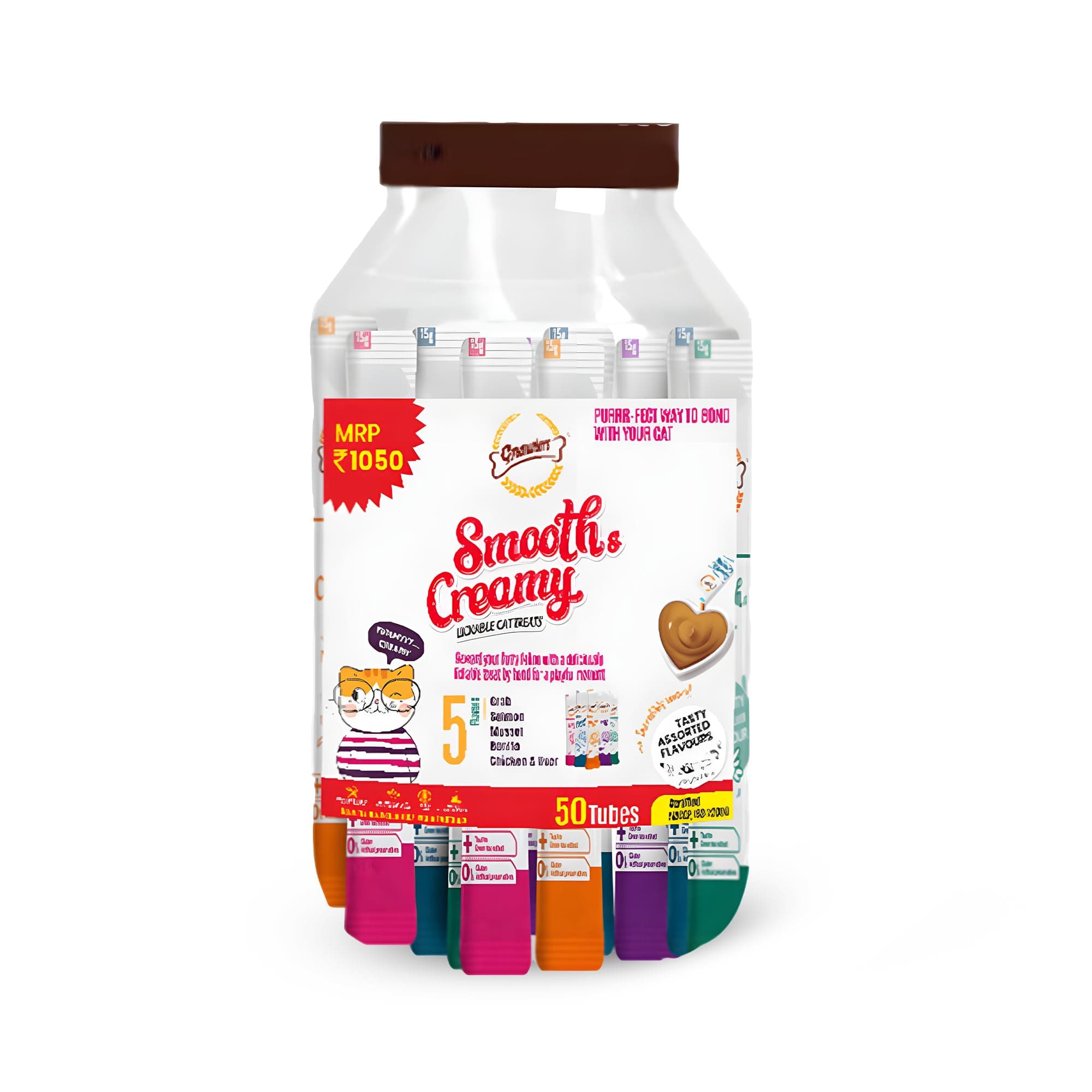 Gnawlers Smooth Creamy Treat for Cats with Tasty Crab, Salmon, Liver, Mussel, Bonito Single Tubes Jar (50 Tubes x 15 G) Sold by DogsNCats,All Life Stages