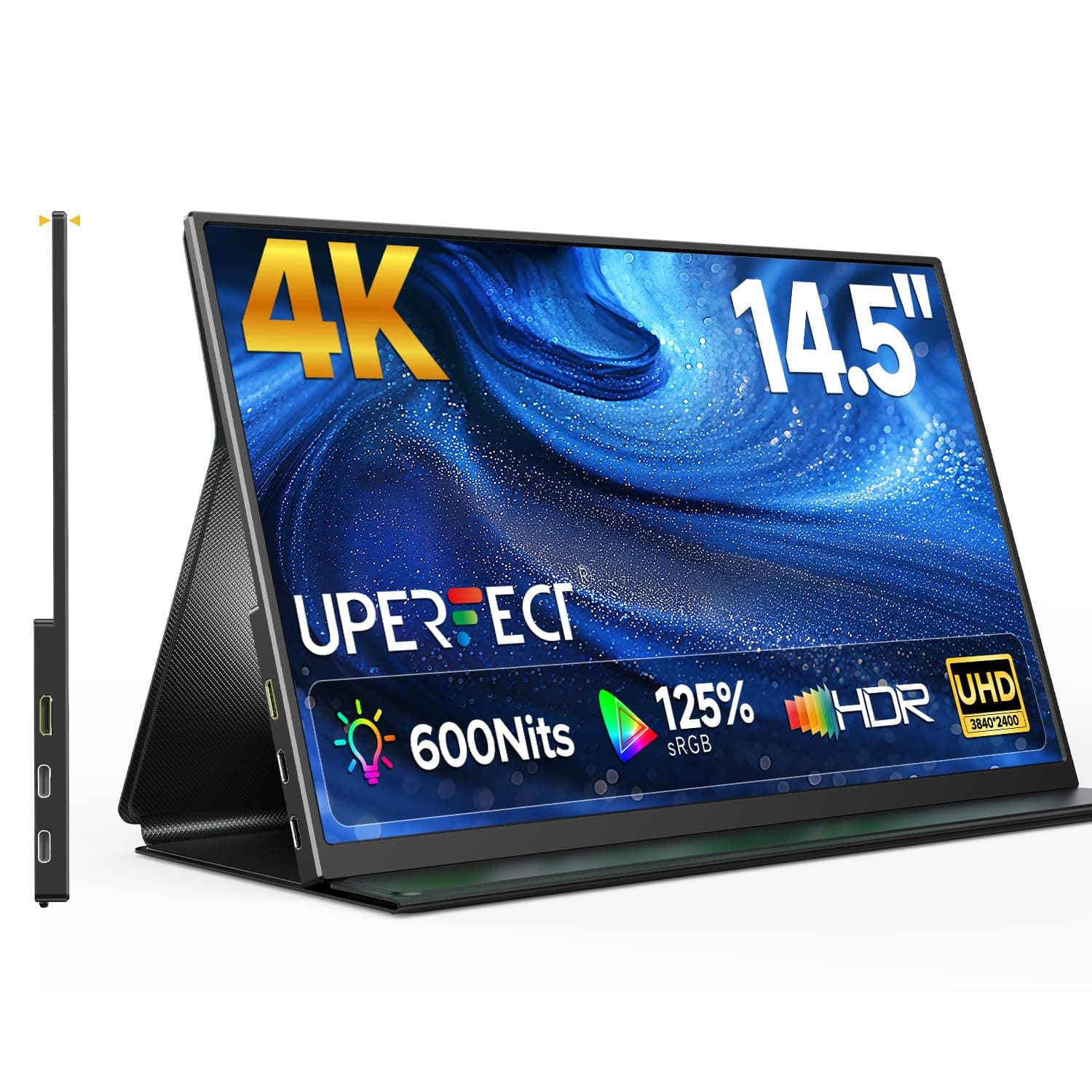 UPERFECT 4K Portable Monitor, 14.5" UHD 3840x2400 Laptop Display with Smart Cover, 16:10 Matte IPS Screen, 125% sRGB, 1.06 Billion Colors, 600 Nits Brightness, Metal Frame for PC/Mac/Phone