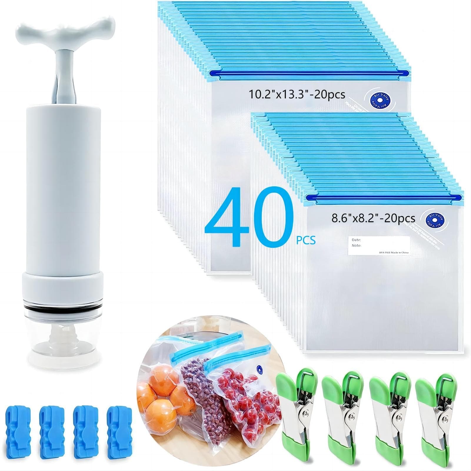 MOMODA Sous Vide Cooking Bags - Set of 40 | BPA-Free Reusable Vacuum Seal Bags with Air Valve for Joule and Anova Cookers | Freezer Safe Vacuum Food Storage Bags with Upgraded Hand Pump Included