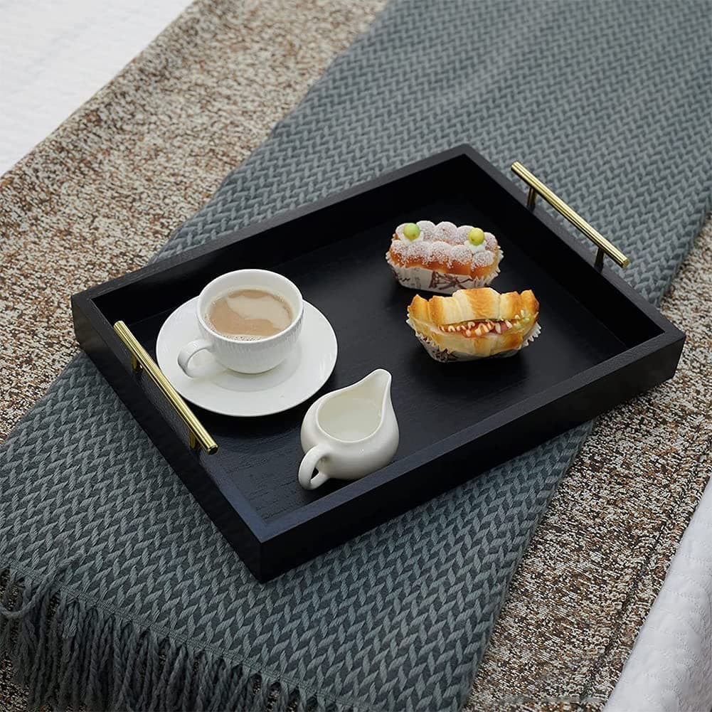 Serving Tray,Tray For Coffee Table With Coated Metal Handles, Living Room Bathroom Coffee Bar Modern Decorative Tray, For Storage And Display (Black, Rectangular)