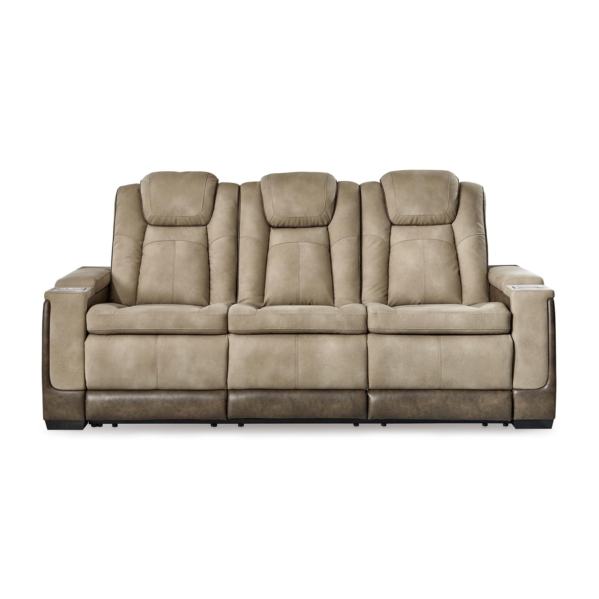 Next-Gen DuraPella Power Reclining Sofa – Wireless & USB Charging, Zero-Gravity, Adjustable Headrest, Water-Repellent Faux Leather, Drop-Down Table, Beige/Brown, 86”