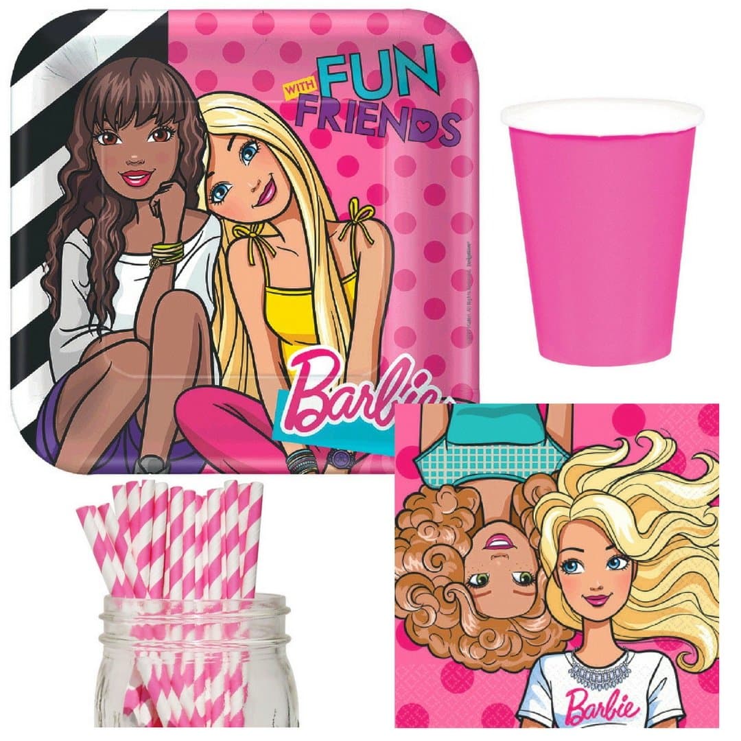 Barbie & Friends Party Supplies Bundle, Plates, Napkins, Cups & Straws for 16 Guests