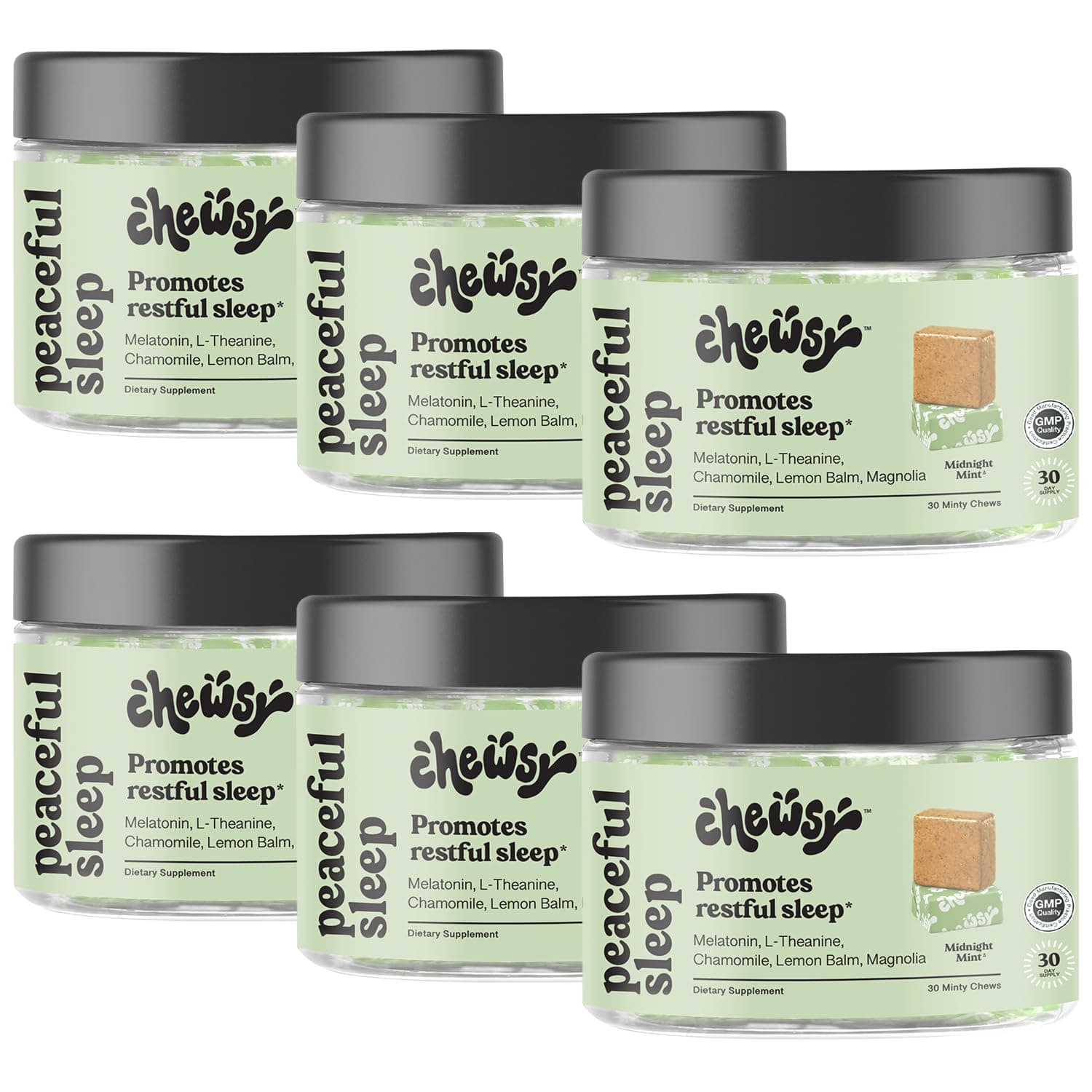 Chewsy Peaceful Sleep Chews, Sleep Support, 3 mg Melatonin, 200 MGS L-Theanine, Chamomile, Lemon Balm, Magnolia, Nighttime Sleep Aid, Naturally Minty Chews, Promotes restful Sleep, 30-Day Supply (6)