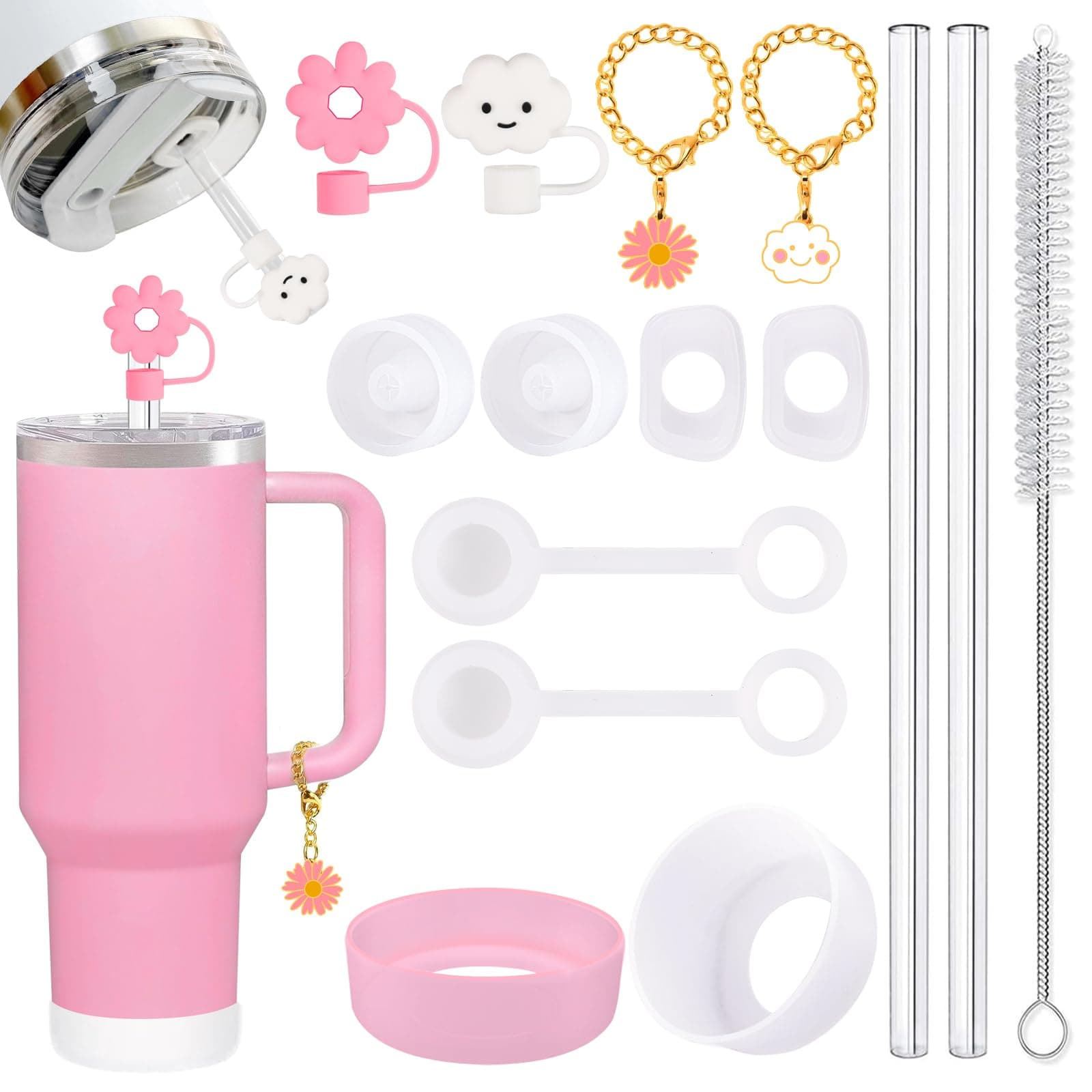 15 Pcs Stanley Cup Accessories Set Including Silicone Spill Proof Stopper, Cute Straw Cover Cap for 9-10 mm Straws, Reusable Straw, Cleaning Brush and Silicone Boot for Stanley Cup