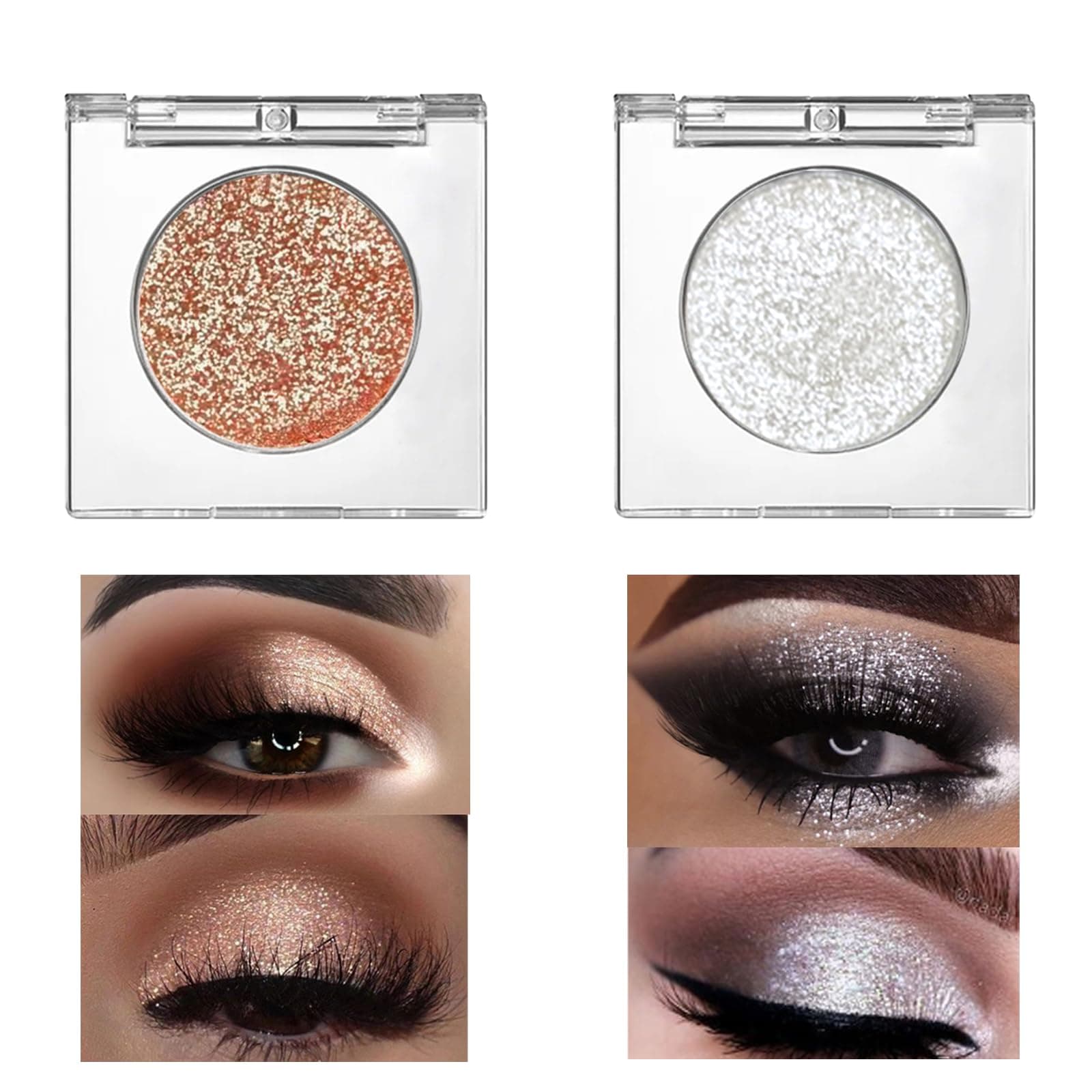 2 Pcs Silver & Champagne Gold Brown Glitter Eyeshadow, Eye Shadow Highlighter Makeup, Single Eyeshadow Palette, Long Lasting Shimmer Eyeshadow, Glossy Cream Eyeshadow for Eye Makeup
