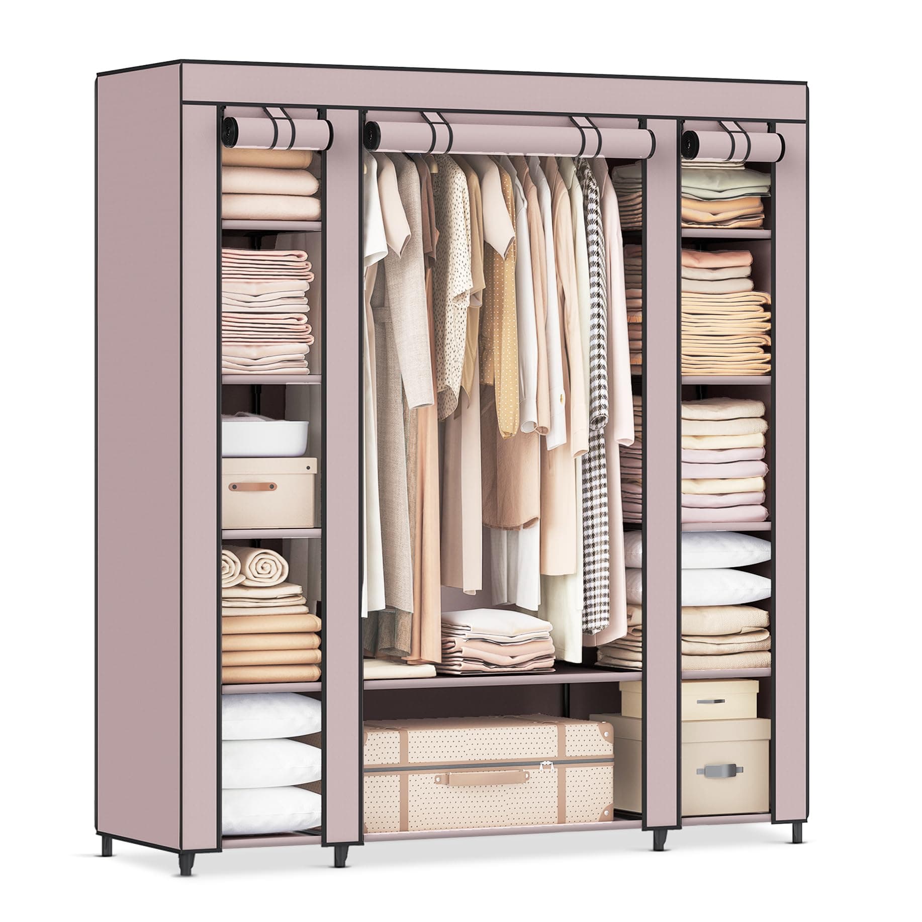 SONGMICS Closet Wardrobe, Portable Closet for Bedroom, Clothes Rail with Non-Woven Fabric Cover, Clothes Storage Organizer, 17.7 x 59.1 x 68.9 Inches, 12 Compartments, Dusty Pink ULSF003P02
