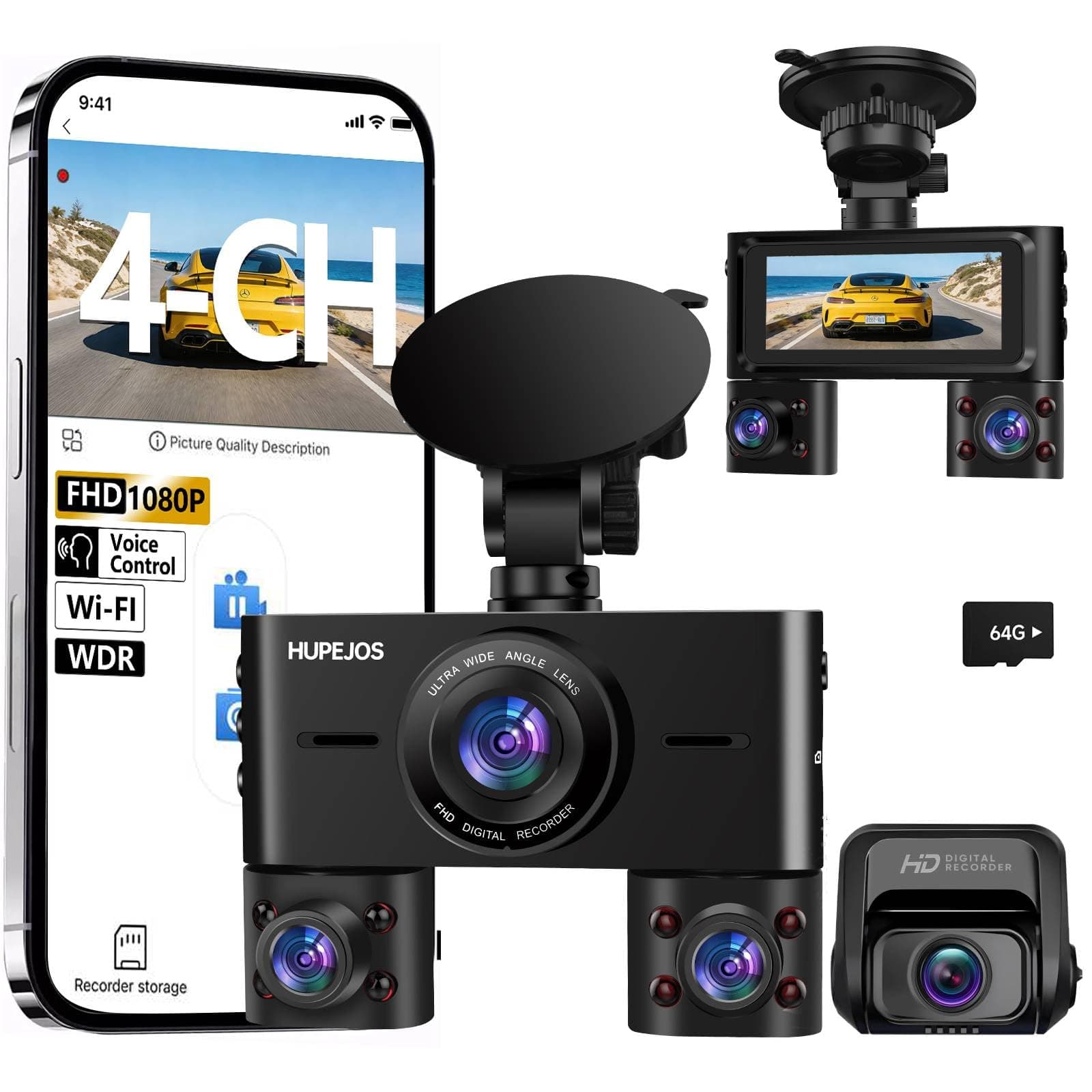 – 2K 4 Channel Dash Cam Front and Rear Inside, 360° View Car Camera, Dash Camera for Cars Built-in Wi-Fi, Dashcam with 64GB Card, Voice Control, WDR Night Vision, 24H Parking Mode, Mini Size, V7