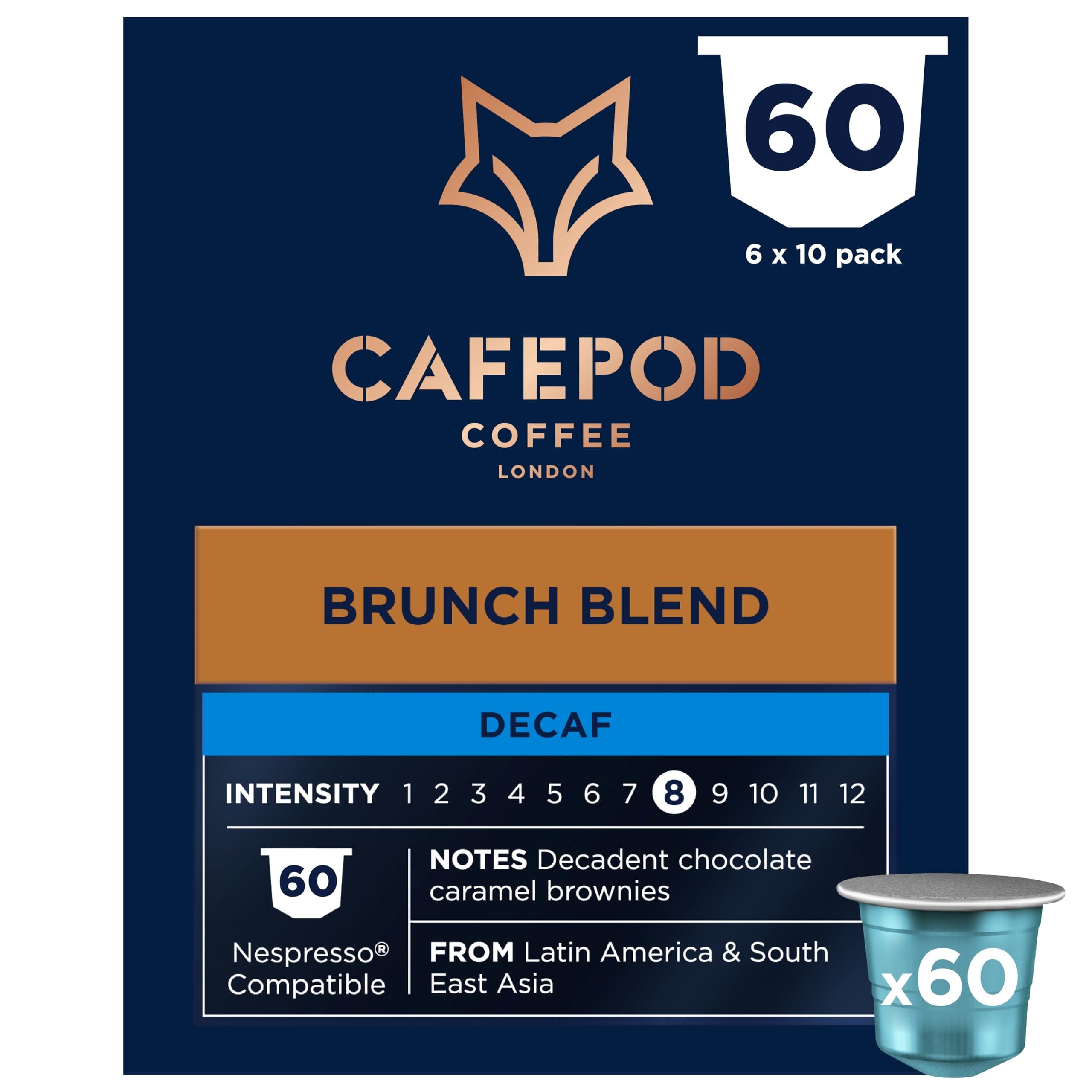 Lungo Decaf Coffee Pods - Compatible with Nespresso Coffee Machine, Intensity 9 with Chocolate Caramel Brownie Notes - Rainforest Alliance Sourced - Decaf Brunch Blend 60 Capsules
