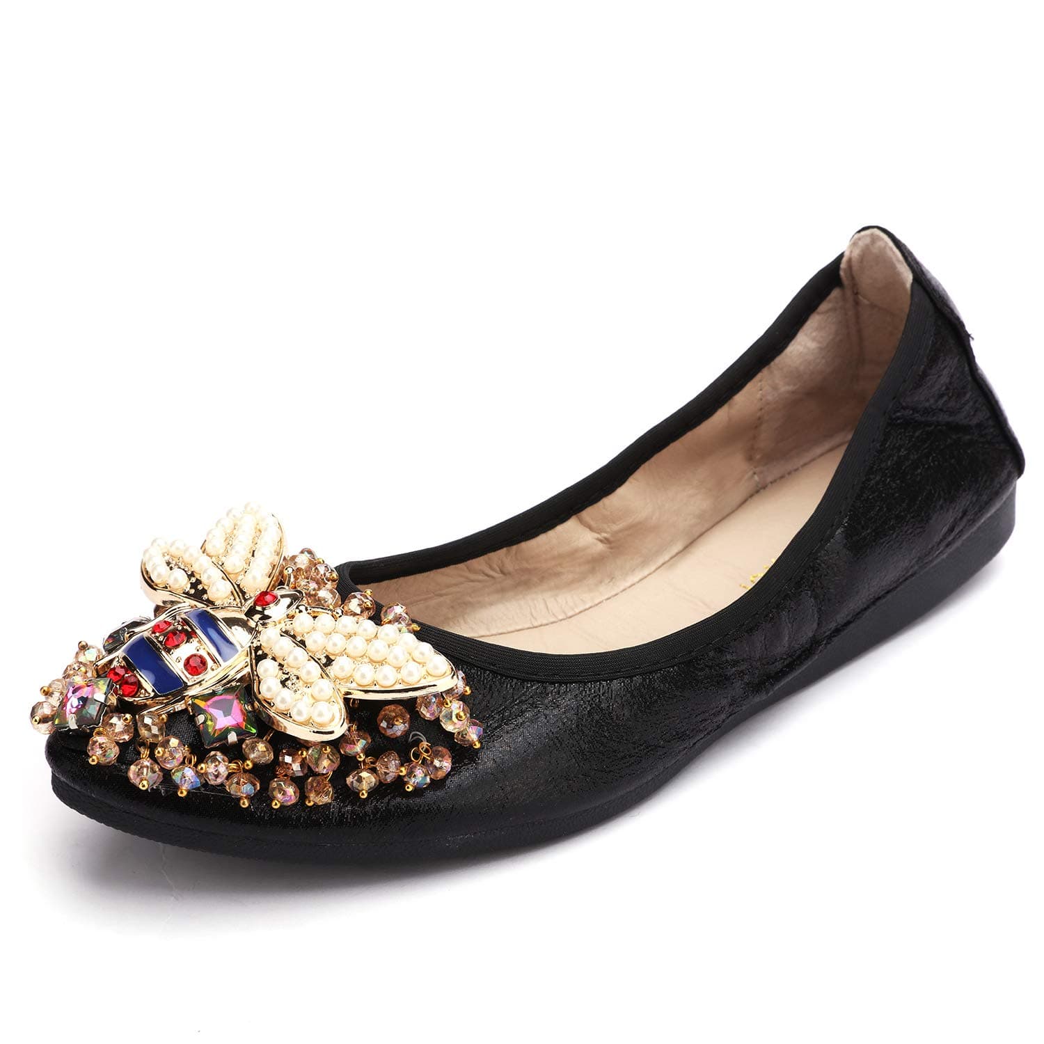 Stylein Womens Foldable Rhinestone Flats Ballet Bling Slip On Loafers Black