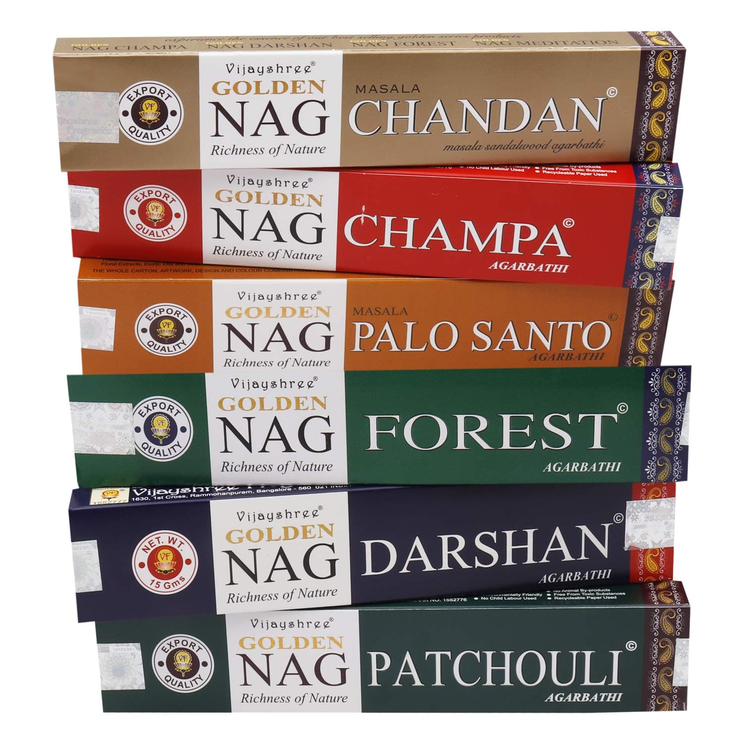 Incense Stick/Agarbatti 6-in-1 Pack (Nag Champa, Nag Chandan, Nag Forest, Nag Darshan, Nag Patchouli and Nag Palo Santo , 6 Pack of 15 Sticks Each)