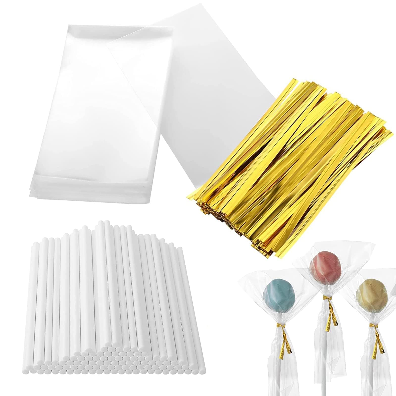 300Pcs Lollipop Making Tools,Lollipop Sticks 100Pcs Cake Pop Bags 100Pcs Cake Pop Sticks and 100Pcs Twist Ties, Cake Pop Sticks, Cake Pop Sticks and Bags, Lollipop Sticks for Cake Pops, Cake Pop Bags