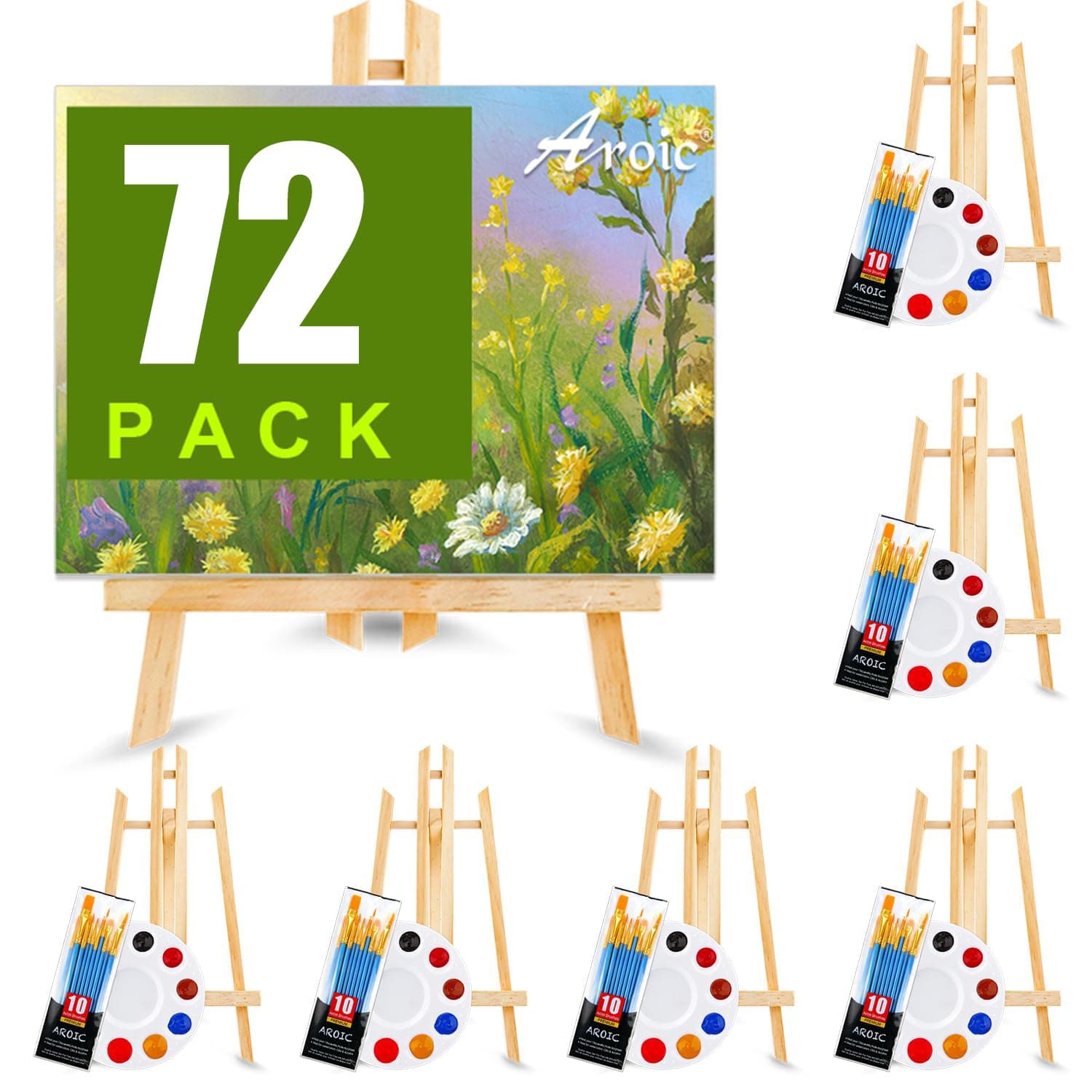 AROIC 72 PCS Professional Painting Set with Easels, 6 PCS Wood Easels,6 Packs of 60 Brushes with Nylon Brush Head and 6 pcs Palettes, Painting Supplies kit for Kids & Adults to Painting Party.