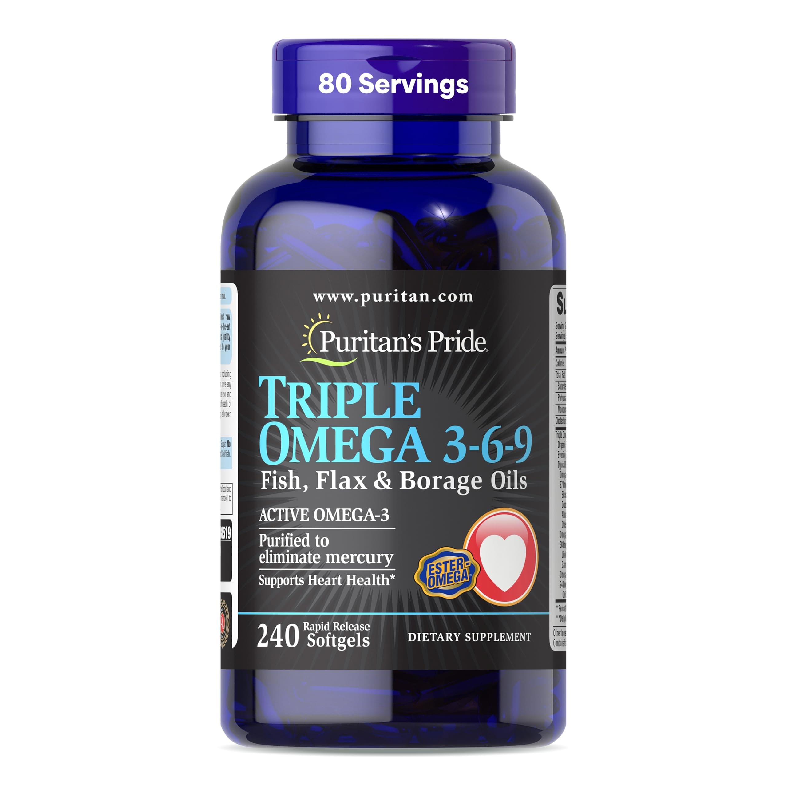 Puritan's Pride Triple Omega 3-6-9 Fish, Flax & Borage Oils, Supports Heart Health and Healthy Joints, 240 ct