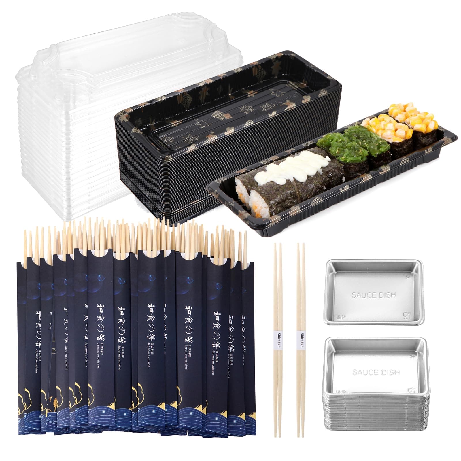 Disposable Dinnerware Set for 50pcs Sushi Trays Containers with Lids 8.6 x 3.6 Inch Disposable Sushi Take Out Boxes, 50 Pairs Japanese Bamboo Chopsticks, 100pcs Soy Sauce Dishes