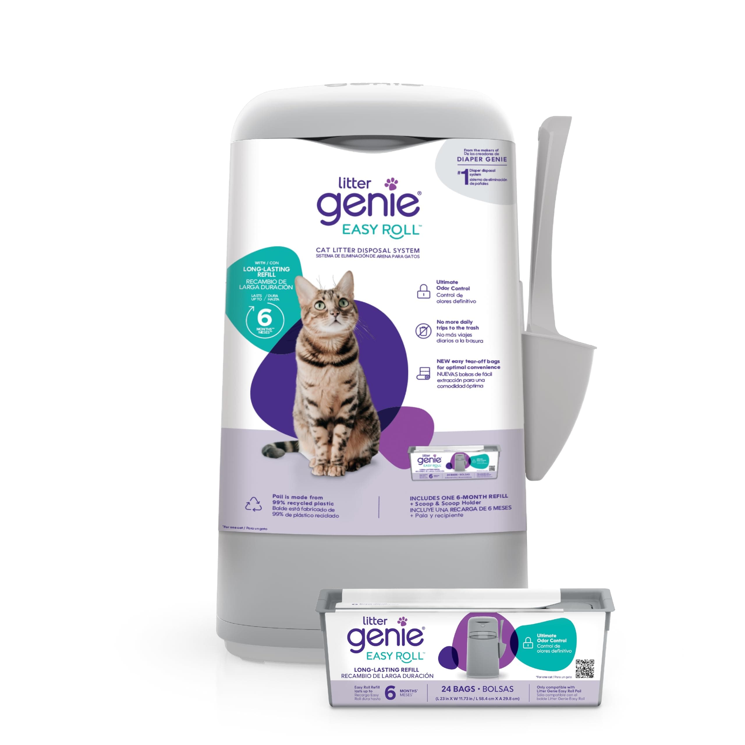 Litter Genie Easy Roll Pail - Cat Litter Disposal System - Cat Litter Box Disposal - Cat Litter Scoop - Cat Litter Bags - Silver