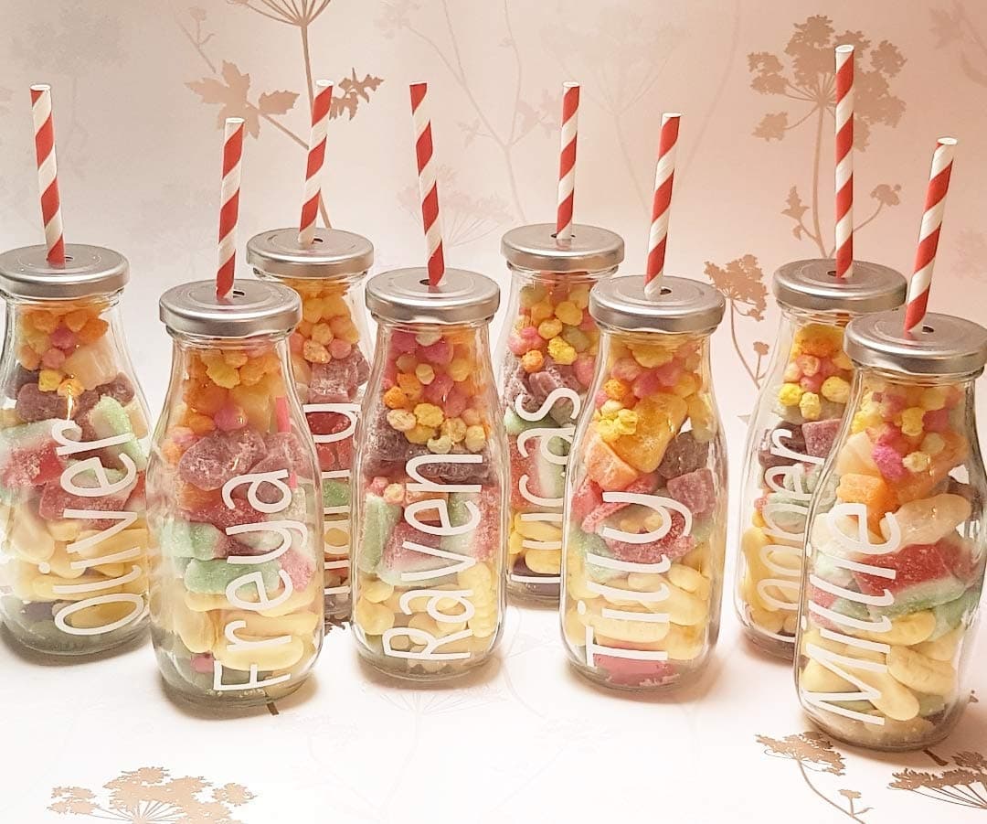 Personalised Milk Bottles | Glass milk bottle | Milk Bottles with straw | Small bottles | Bottles With Straw | Sweet filled bottles | Personalised Small Bottle |