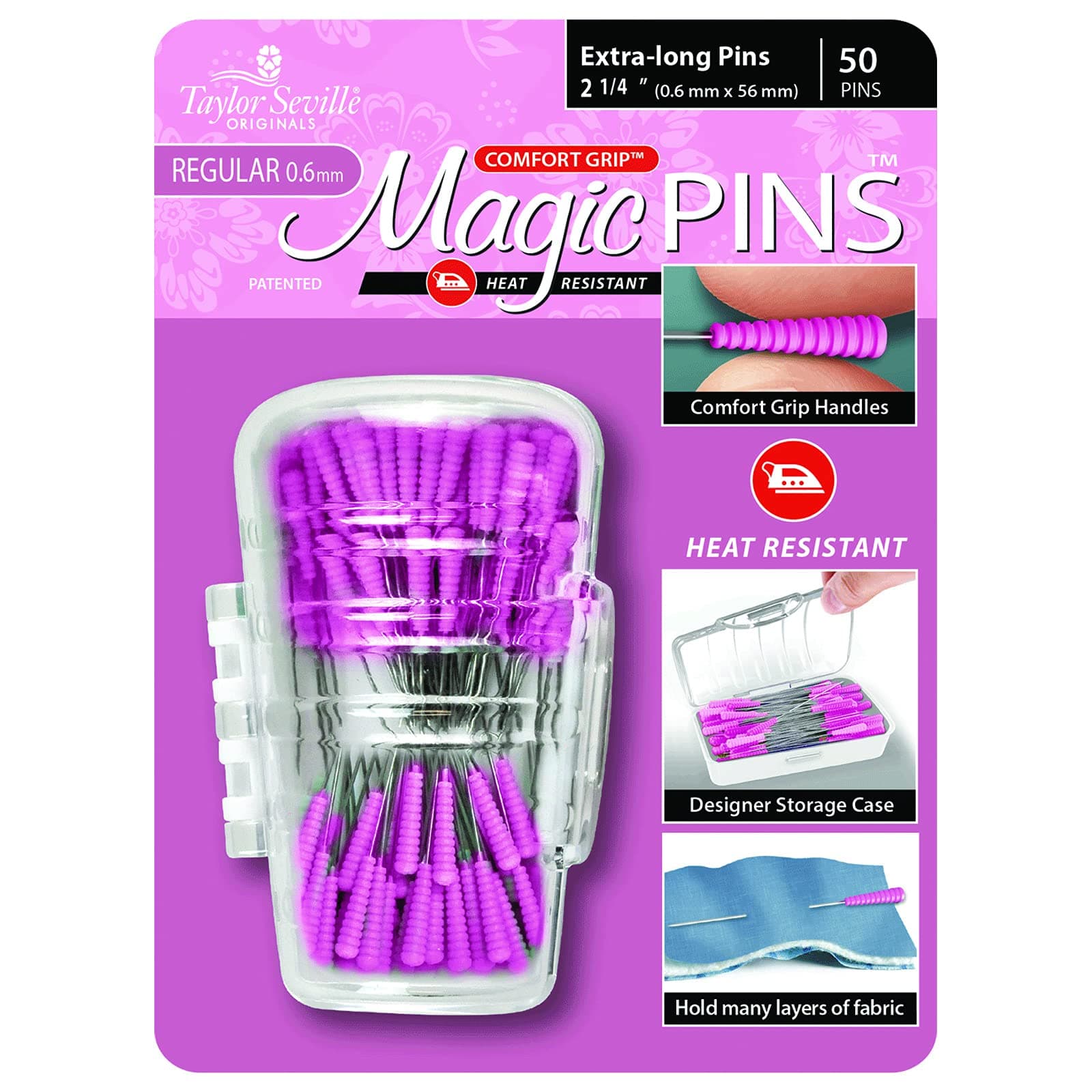 Taylor Seville Originals Comfort Grip Magic Pins Extra Long Regular -Quilting Supplies-Sewing Supplies-Sewing Notions-50 Count