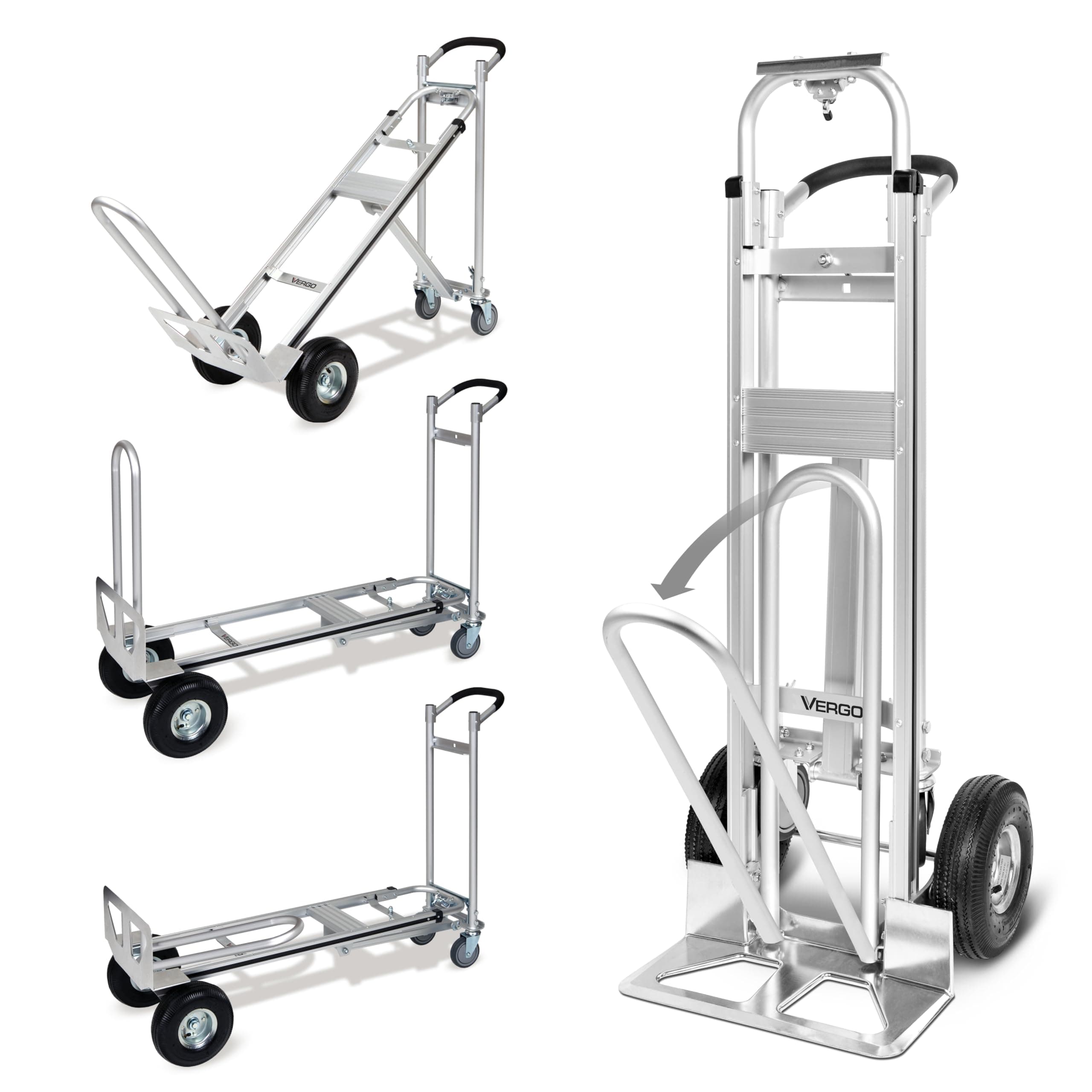 Vergo Industrial Convertible Hand Truck - AS7A2 Heavy Duty Aluminum 3 in 1 Dolly (750 lb Capacity) Lightweight Frame, Ergonomic Handle, Extendable Loop, Versatile Moving Dolly (3 Positions, 53" High)