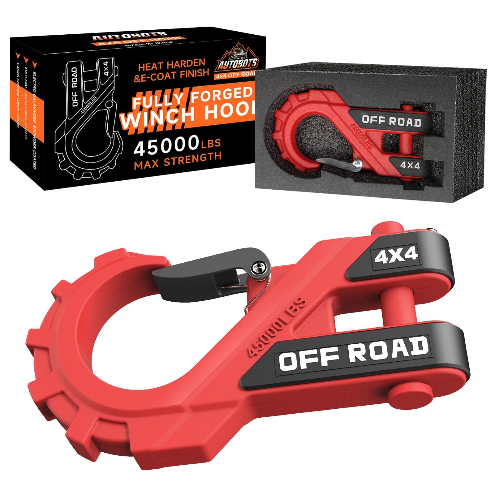 AUTOBOTS 3/8" Winch Hook Max 45,000 Lbs, Heavy Duty ATV Winch Hook with Safety Latch for ATV UTV SUV Trailers，Tow Winch Accessories for Synthetic Rope Winch Cable Red