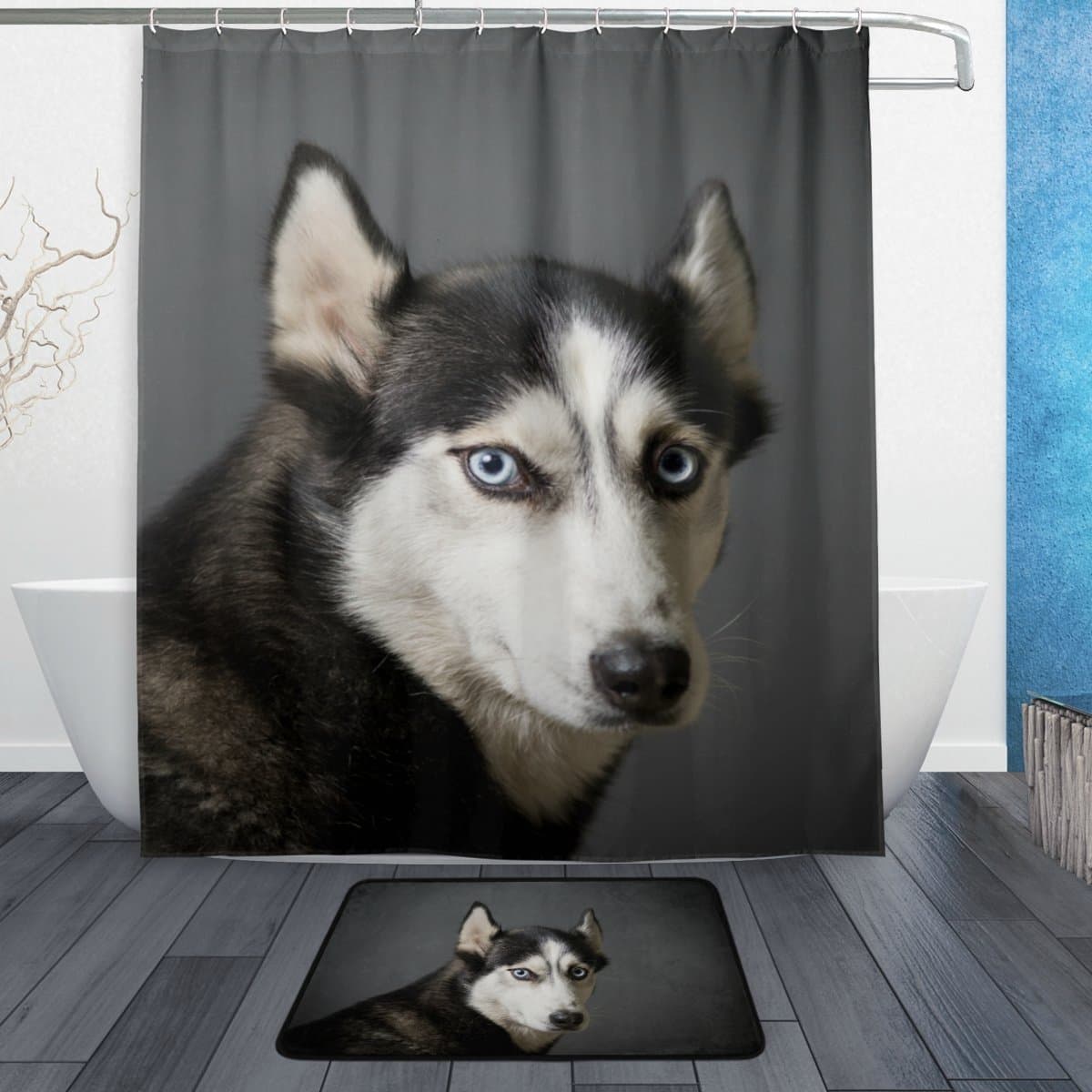 My Daily Siberian Husky Dog Shower Curtain 60 x 72 inch with Bath Mat Rug & Hooks, Waterproof Polyester Decoration Bathroom Curtain Set