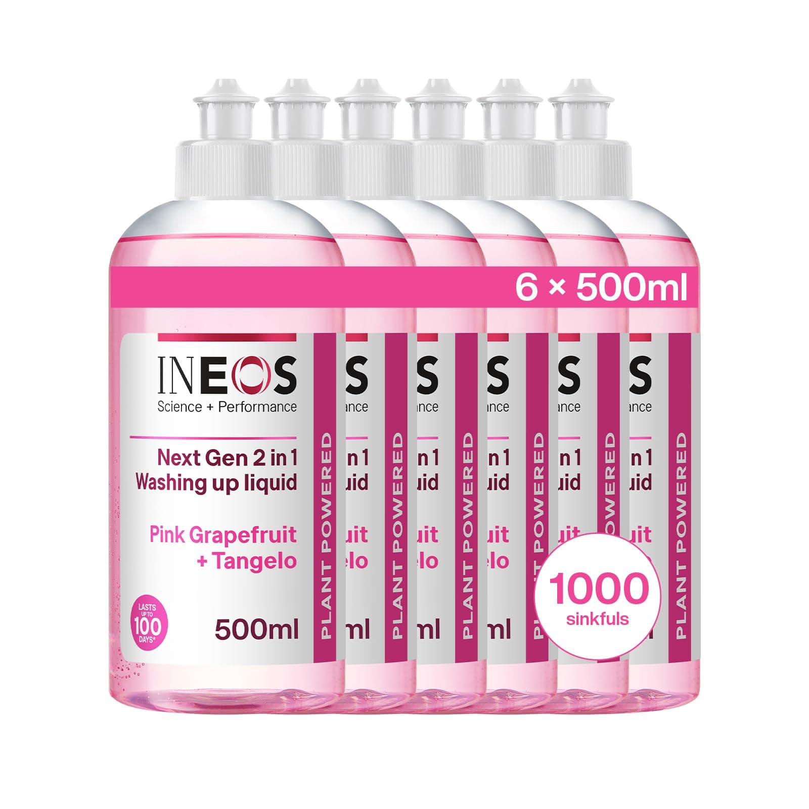 Next-Gen 2in1 Washing Up Liquid, 3L (500ml x 6), 1000 Sinkfuls, Dishwashing + Handwashing, Plant Powered, Pink Grapefruit + Tangelo