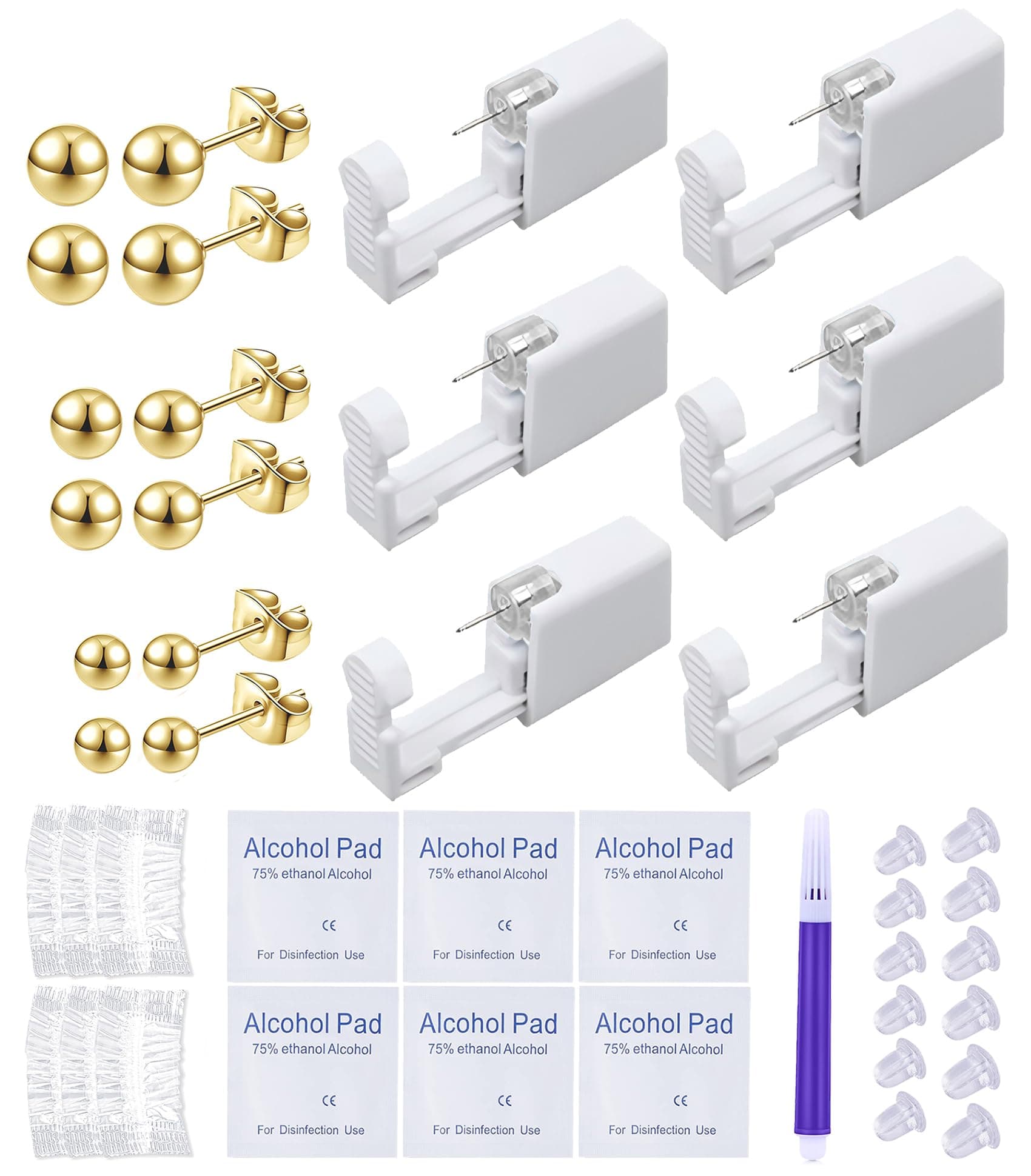 Disposable Ear Piercing Gun Kit Ear Cartilage Piercing Kit Easy and Safe Earring Self for Yourself Use at Home(Gold Ball Pattern 234mm)