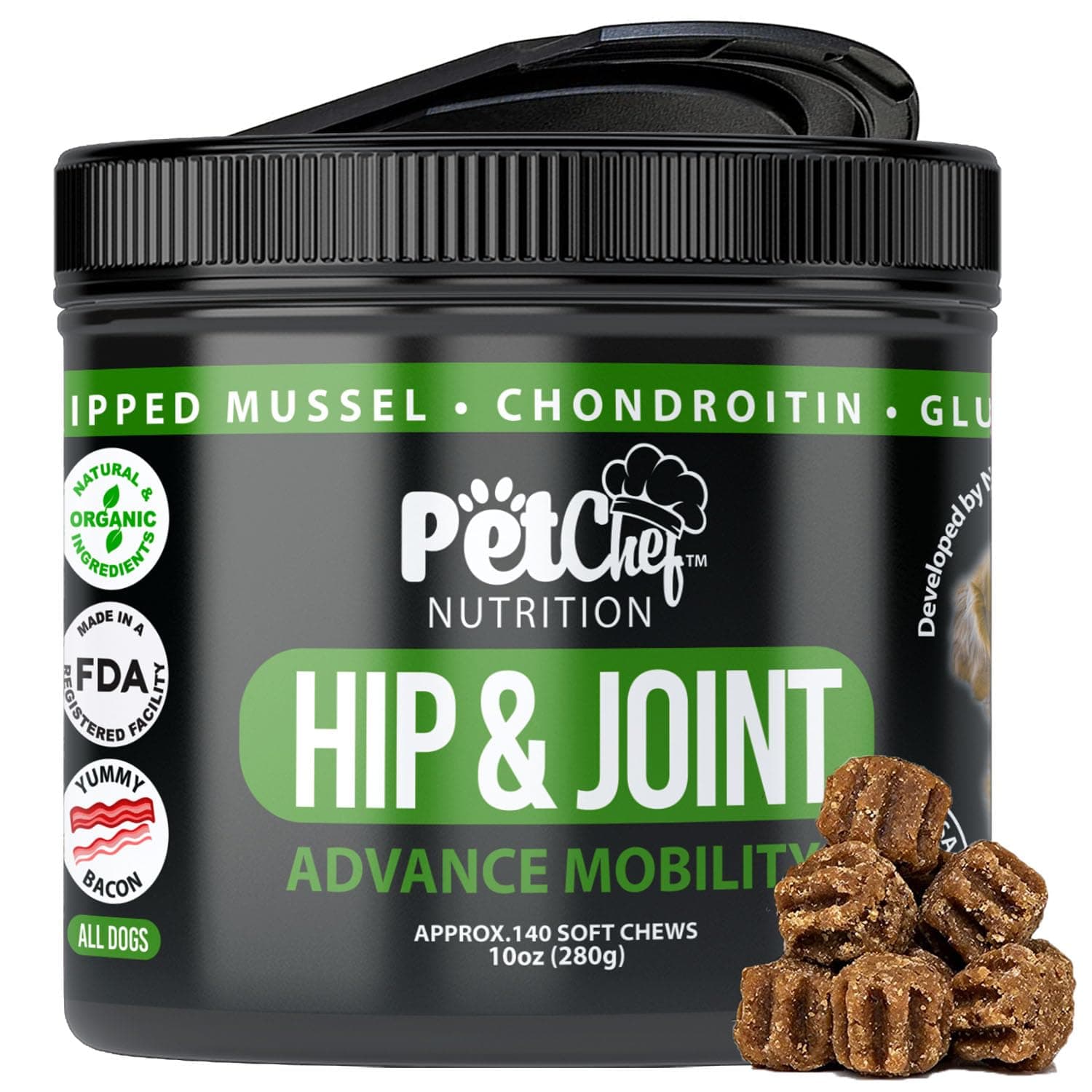 Pet Chef Hip & Joint Supplement for Dogs 140 Soft Chews with Glucosamine, Chondroitin, MSM & Turmeric Natural Joint Support for Mobility, Flexibility & Aging Dogs