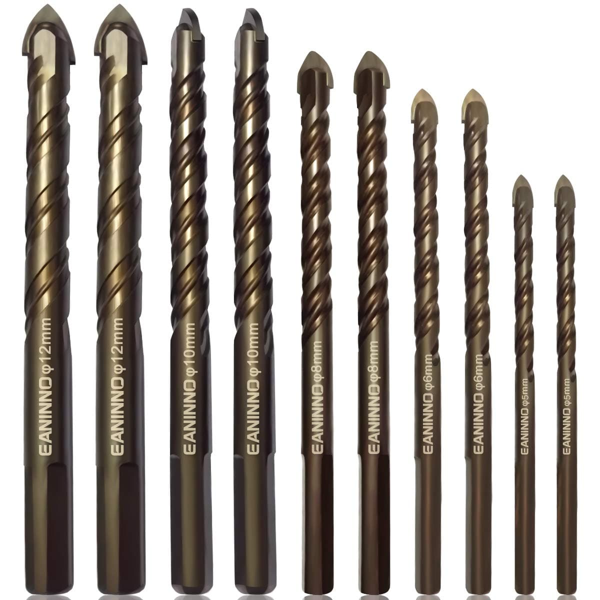 EANINNO 10 Pieces Masonry Drill Bit Set, Carbide Tip Concrete Drill Bits for Ceramic Tile/Pots Holes/Brick/Porcelain Wall/Glass/Wood, Multipurpose Installer Bit Tool, 5 6 8 10 12 mm