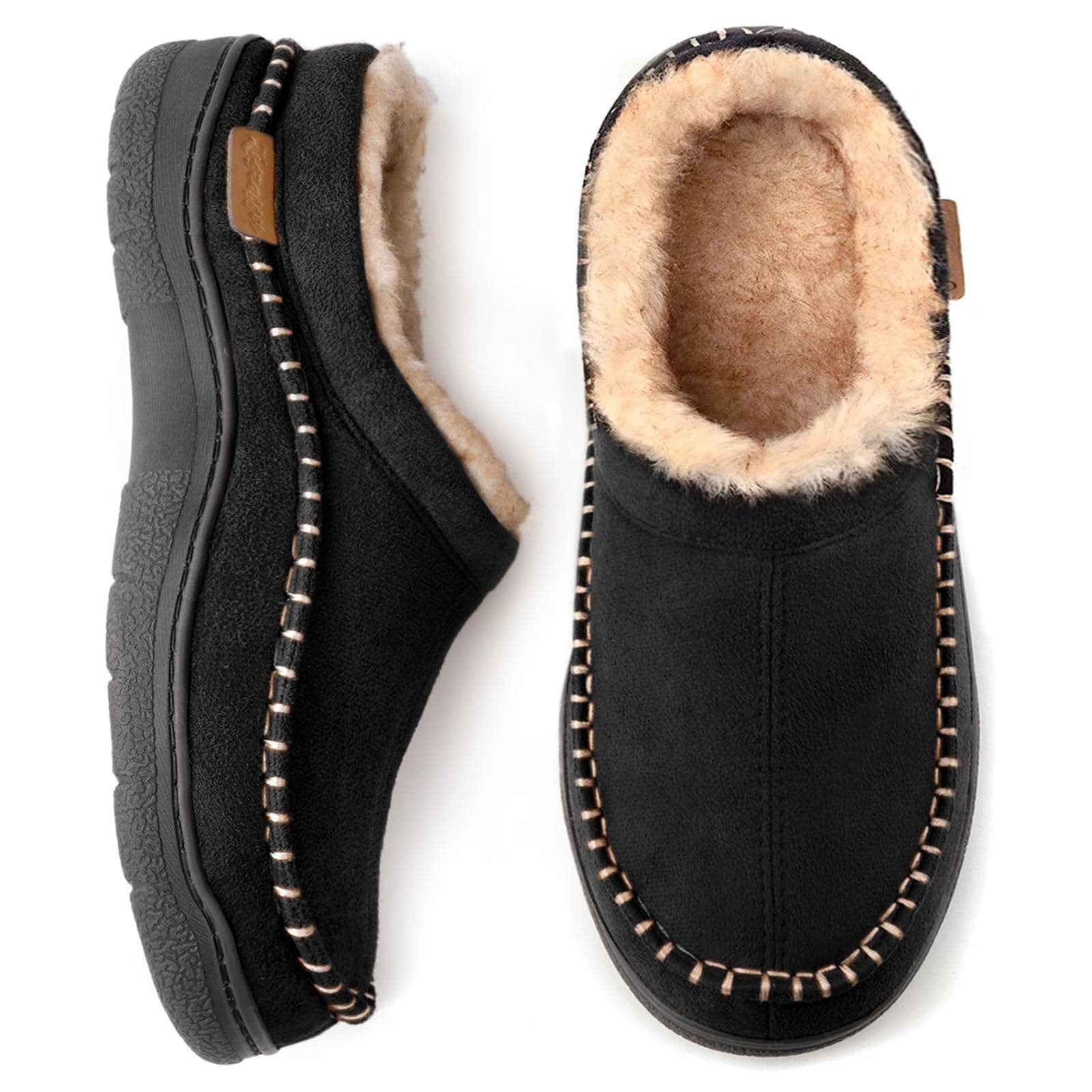 Men's Slip On Moccasin Slippers, Indoor/Outdoor Warm Fuzzy Comfy House Shoes, Fluffy Wide Loafer Slippers