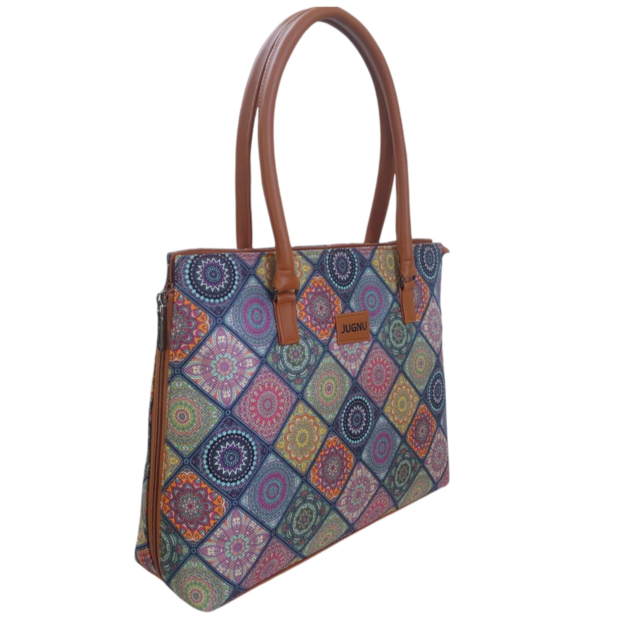 JUGNU Handicraft Fabric Mandala Printed Ladies Handbag Tan Leather