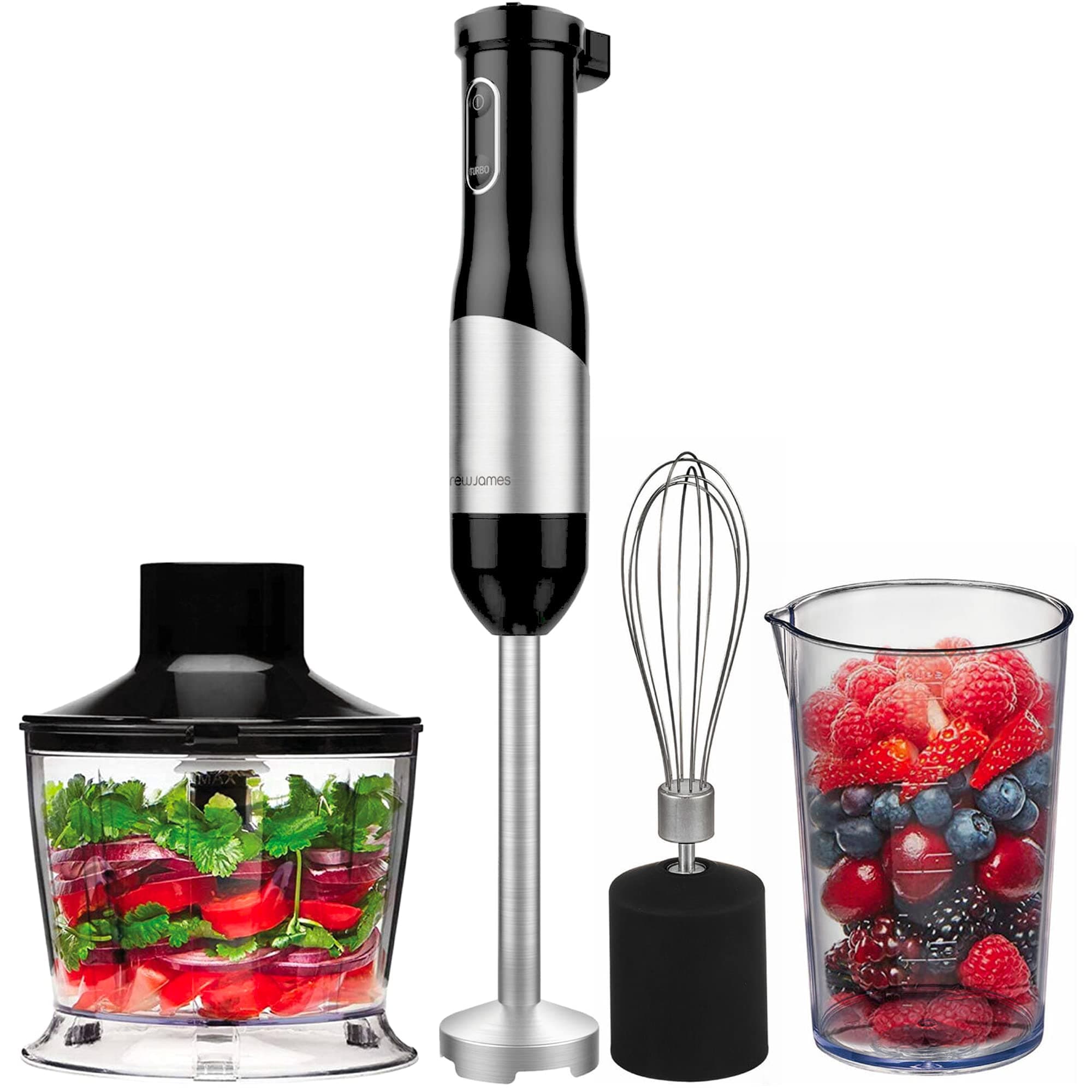 Andrew James Hand Blender 3 in 1 Set Electric with Whisk & Chopper Plus Bowl & Beaker | 20 Speed Plus Turbo | Great for Soup Sauces & Baby Food | 800W | Black & Stainless Steel